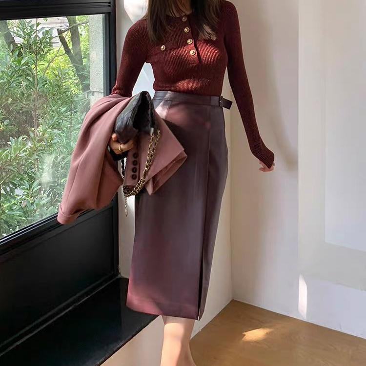 側釦環開衩造型PU皮革長裙皮裙S-XL (Elegant & Love)