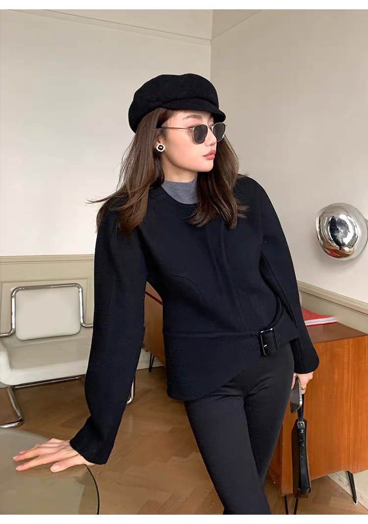 經典黑落肩圓領腰帶造型羊毛外套S-L (Elegant & Love)