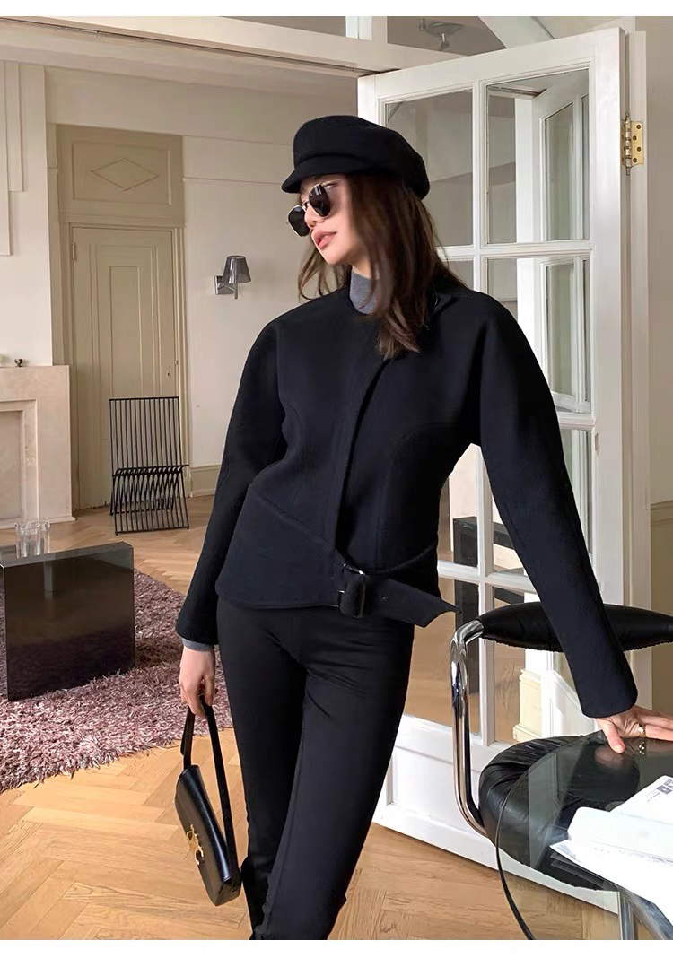 經典黑落肩圓領腰帶造型羊毛外套S-L (Elegant & Love)