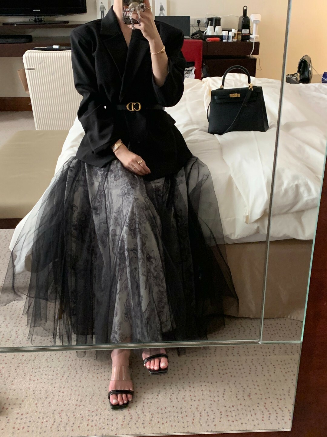 法式優雅花色網紗裙(白/黑)