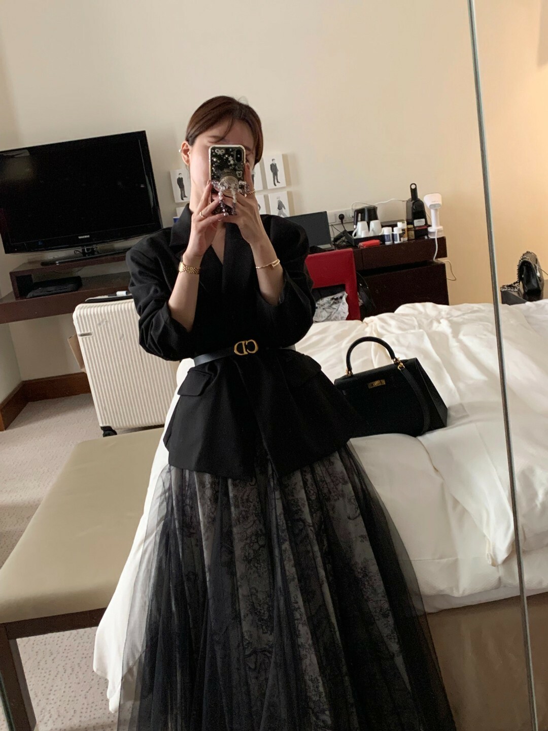 法式優雅花色網紗裙(白/黑)