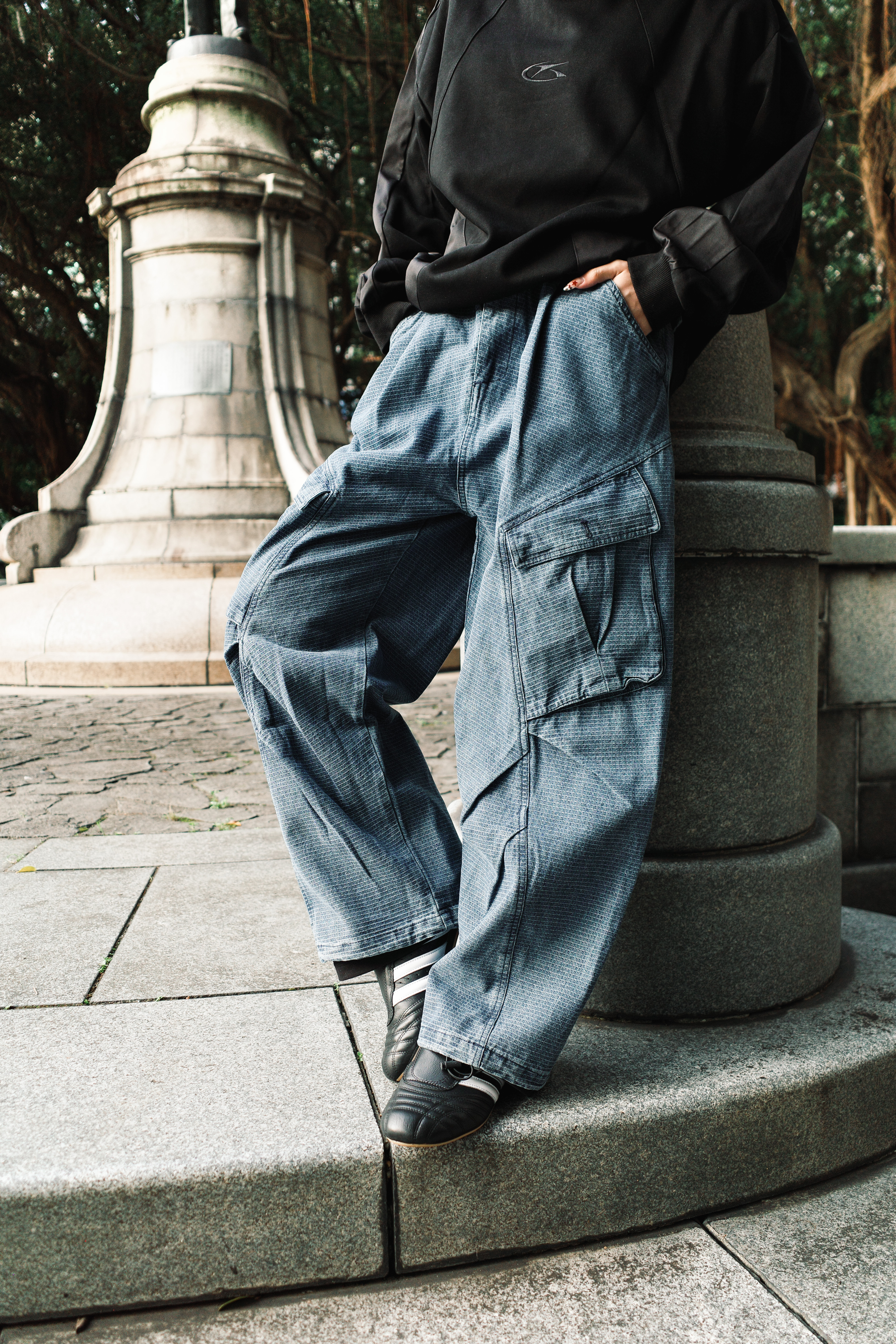 『Always_Good』重磅 細格紋 多口袋 立體剪裁 工裝 長褲