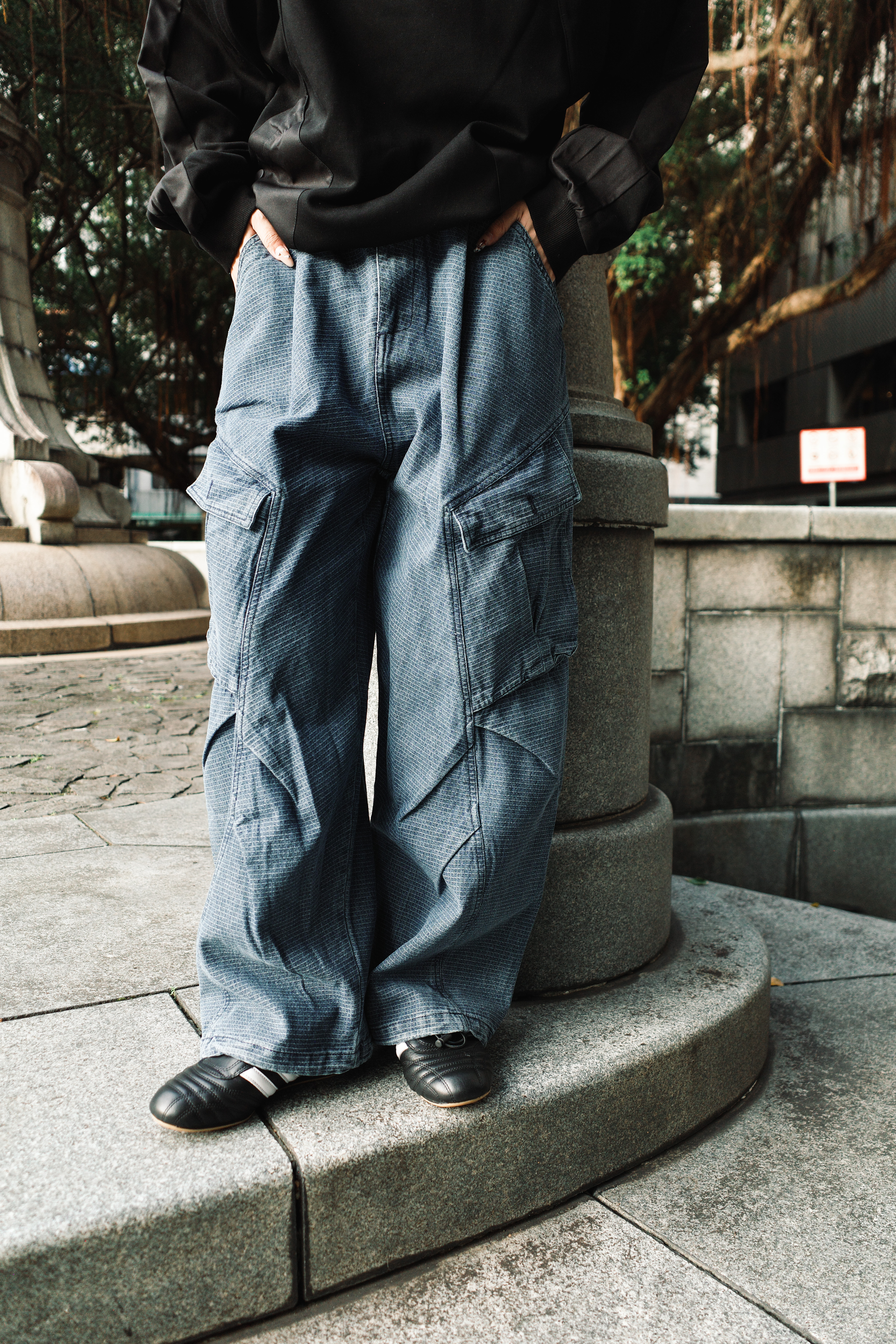 『Always_Good』重磅 細格紋 多口袋 立體剪裁 工裝 長褲