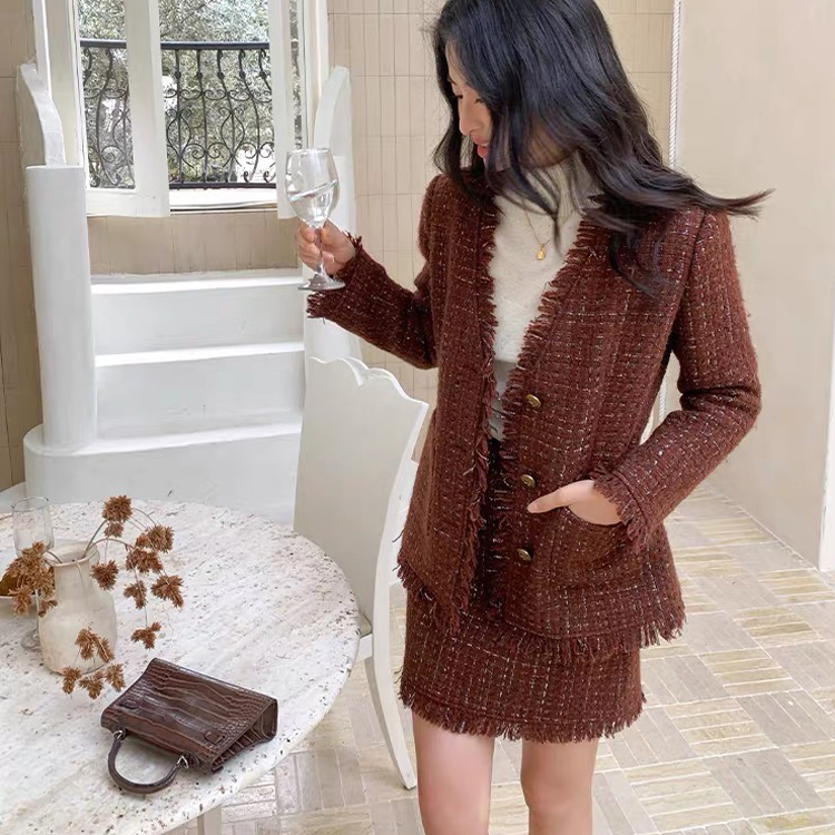 焦糖咖抽鬚滾邊圓領外套+短裙SET-S-L (Elegant & Love)