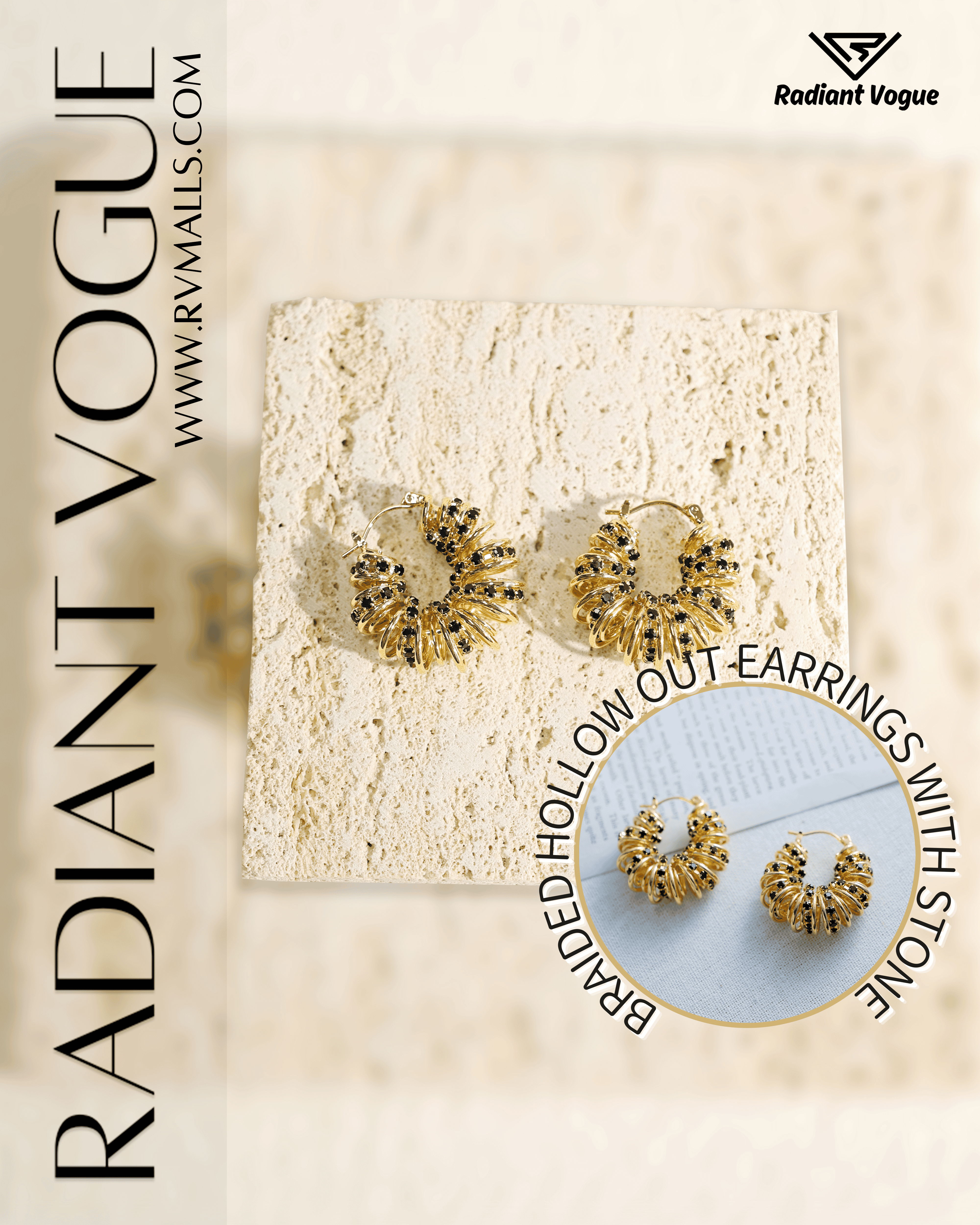 編織鏤空金色耳環主圖, 展現經典金色搭配黑色點綴的低調奢華設計, 適合日常與正式場合穿搭的百搭耳環。