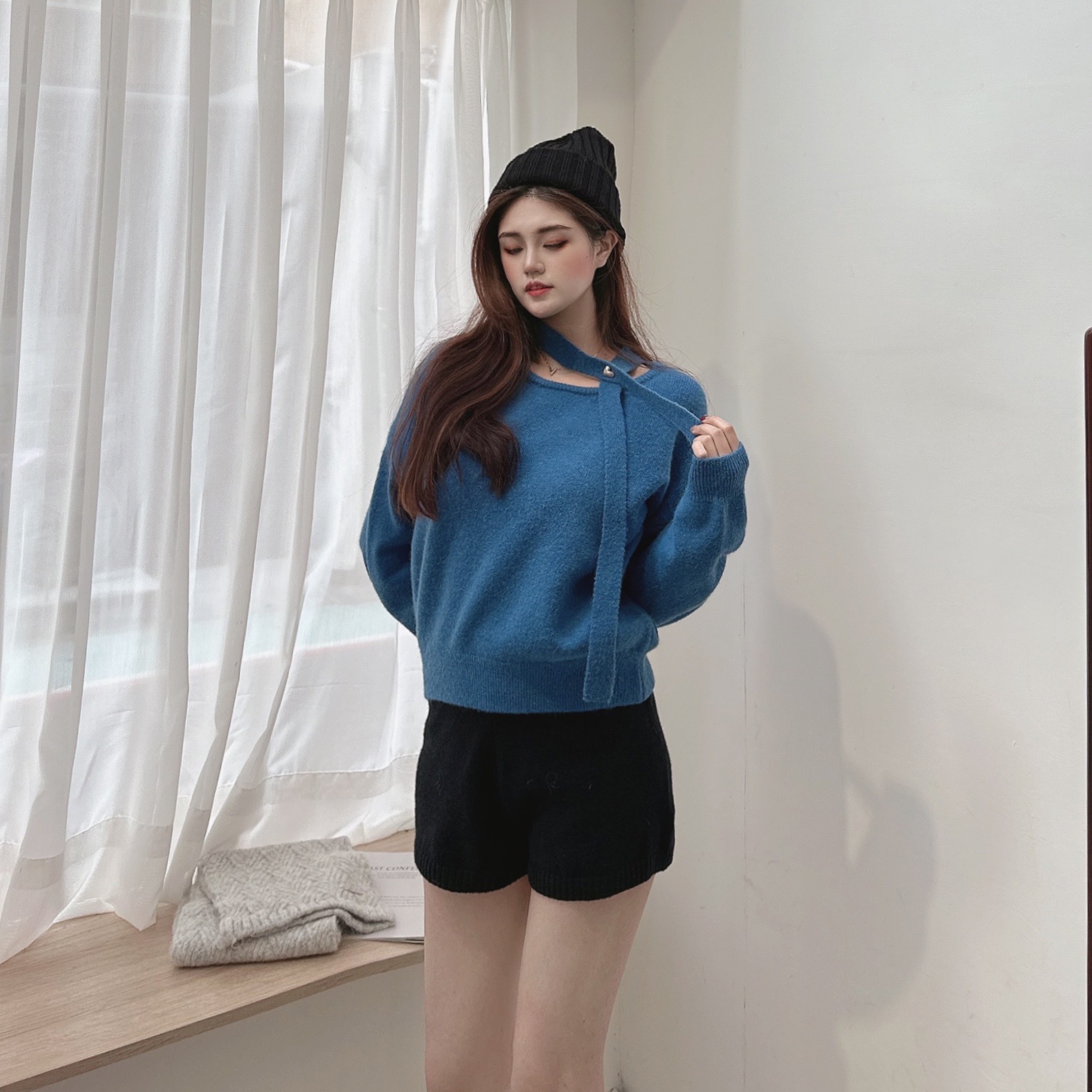 愛心釘扣綁脖針織毛衣/二色