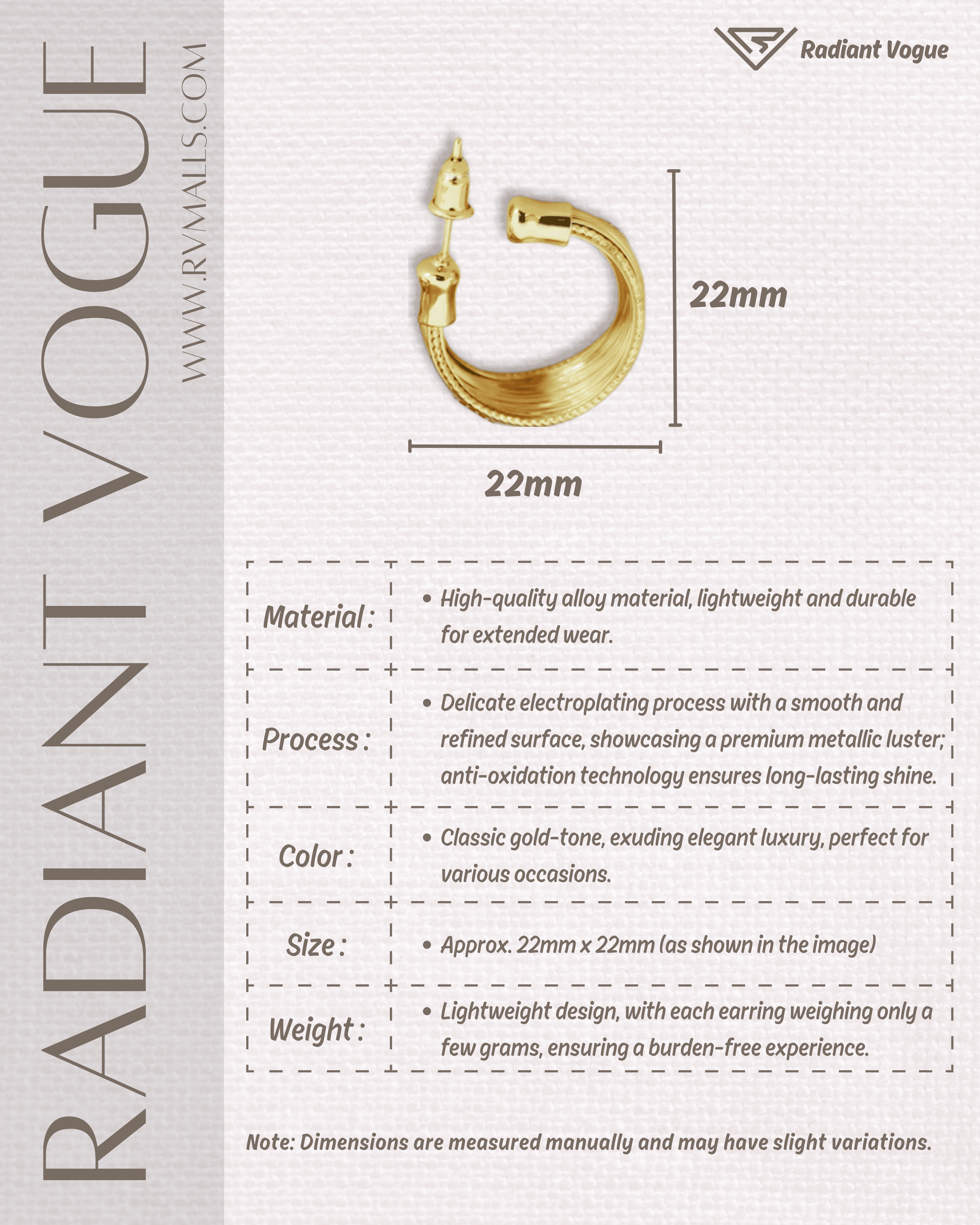 材質為高品質合金, 經過精緻電鍍處理, 尺寸約為22mm, 輕量設計適合長時間佩戴。
