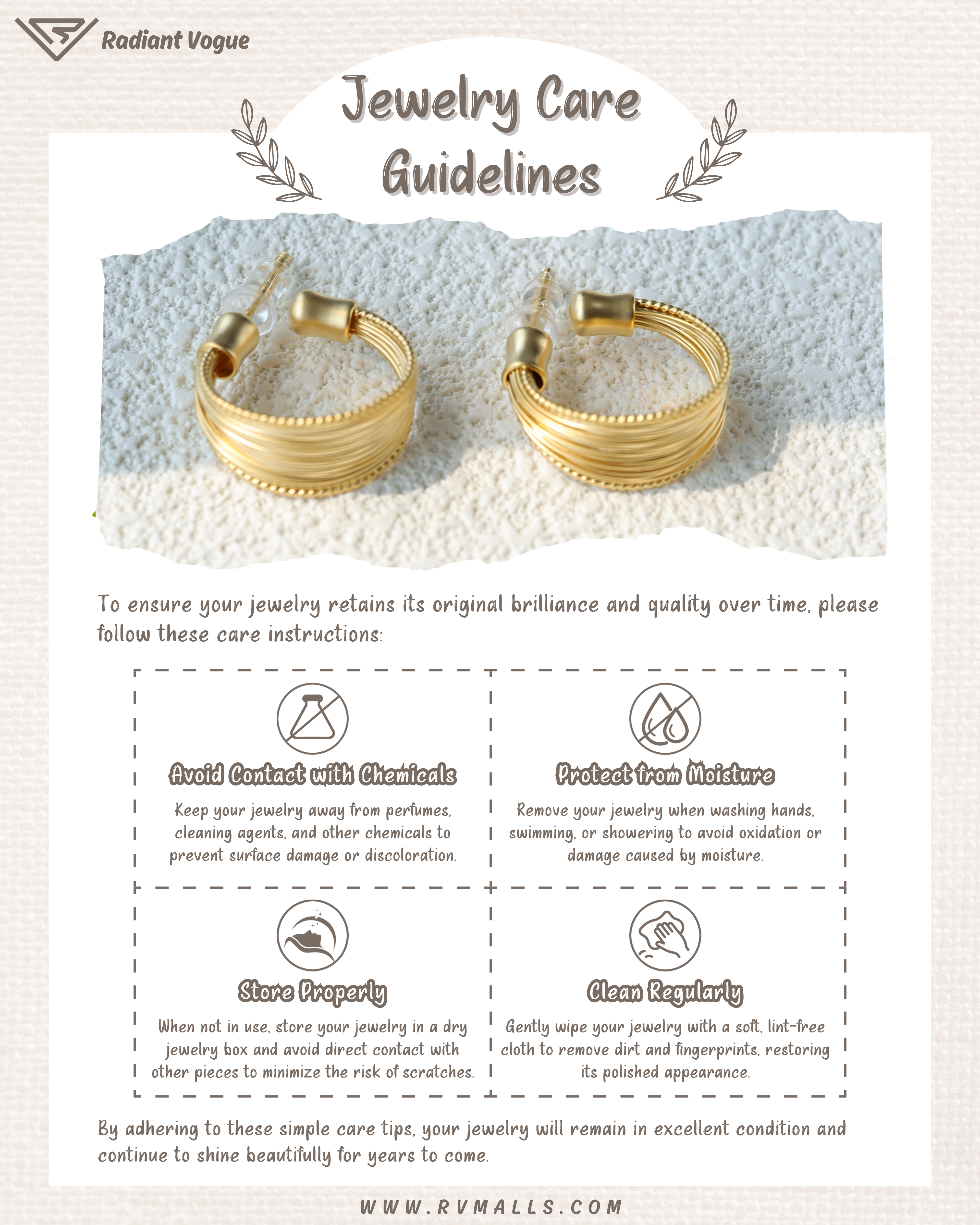 保養耳環, 包括避免接觸化學物質、遠離濕氣、妥善存放及定期清潔, 保持耳環光澤亮麗。