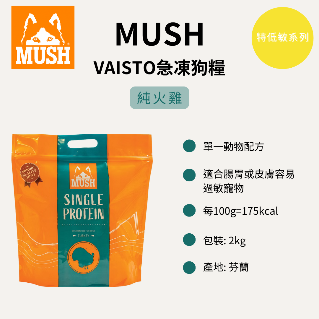 Mush 芬蘭急凍狗糧 特低敏系列 純火雞