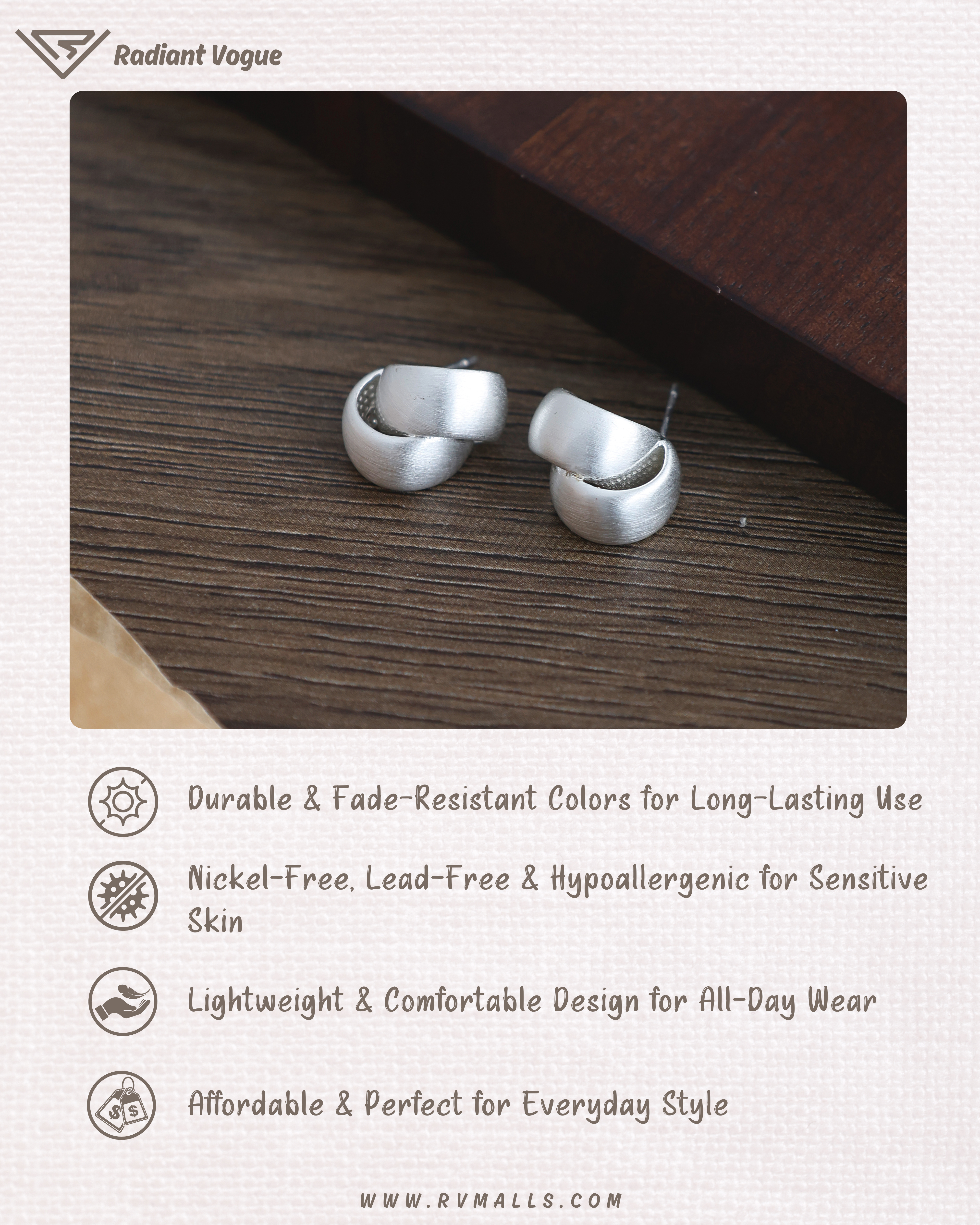 典銀色交織耳環, 耐用不褪色, 無鎳抗敏設計, 輕量舒適, 完美適合日常佩戴與旅行。