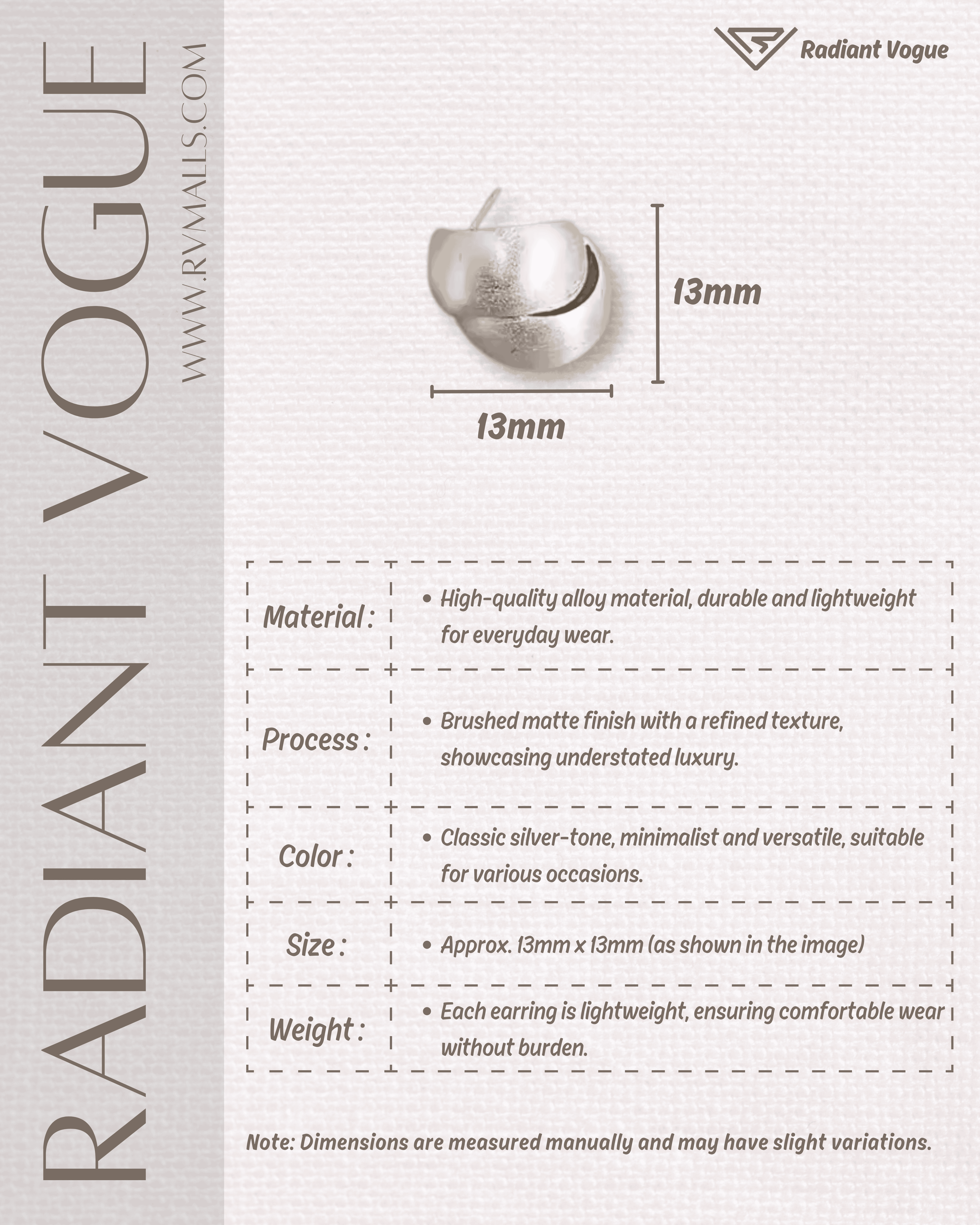 高品質合金材質, 拉絲磨砂工藝, 尺寸13mm, 輕量設計適合全天佩戴。