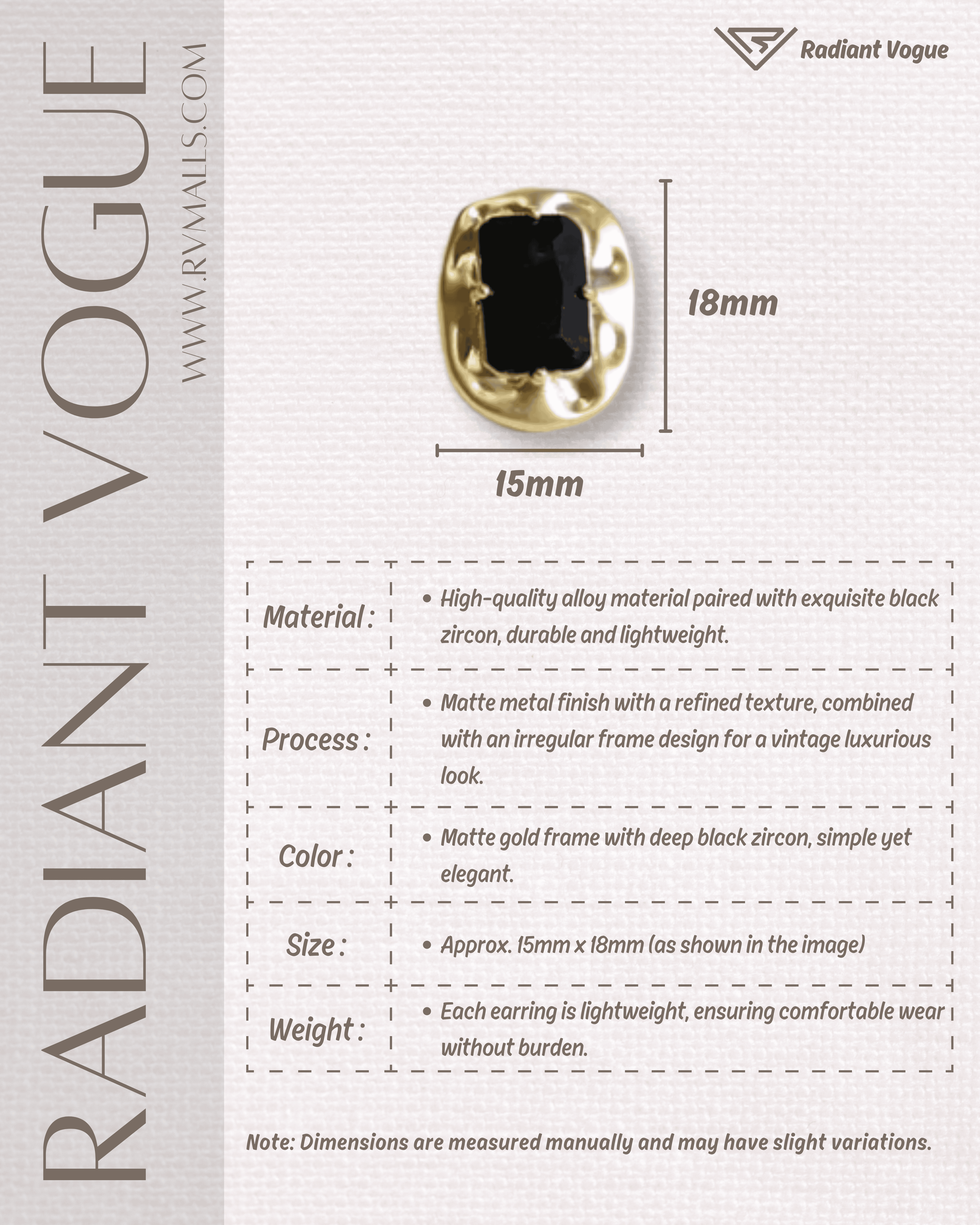 黑鋯石耳環產品參數, 包含材質、高品質合金搭配黑鋯石、啞光金屬框架設計, 尺寸約15mm x 18mm, 輕量舒適。