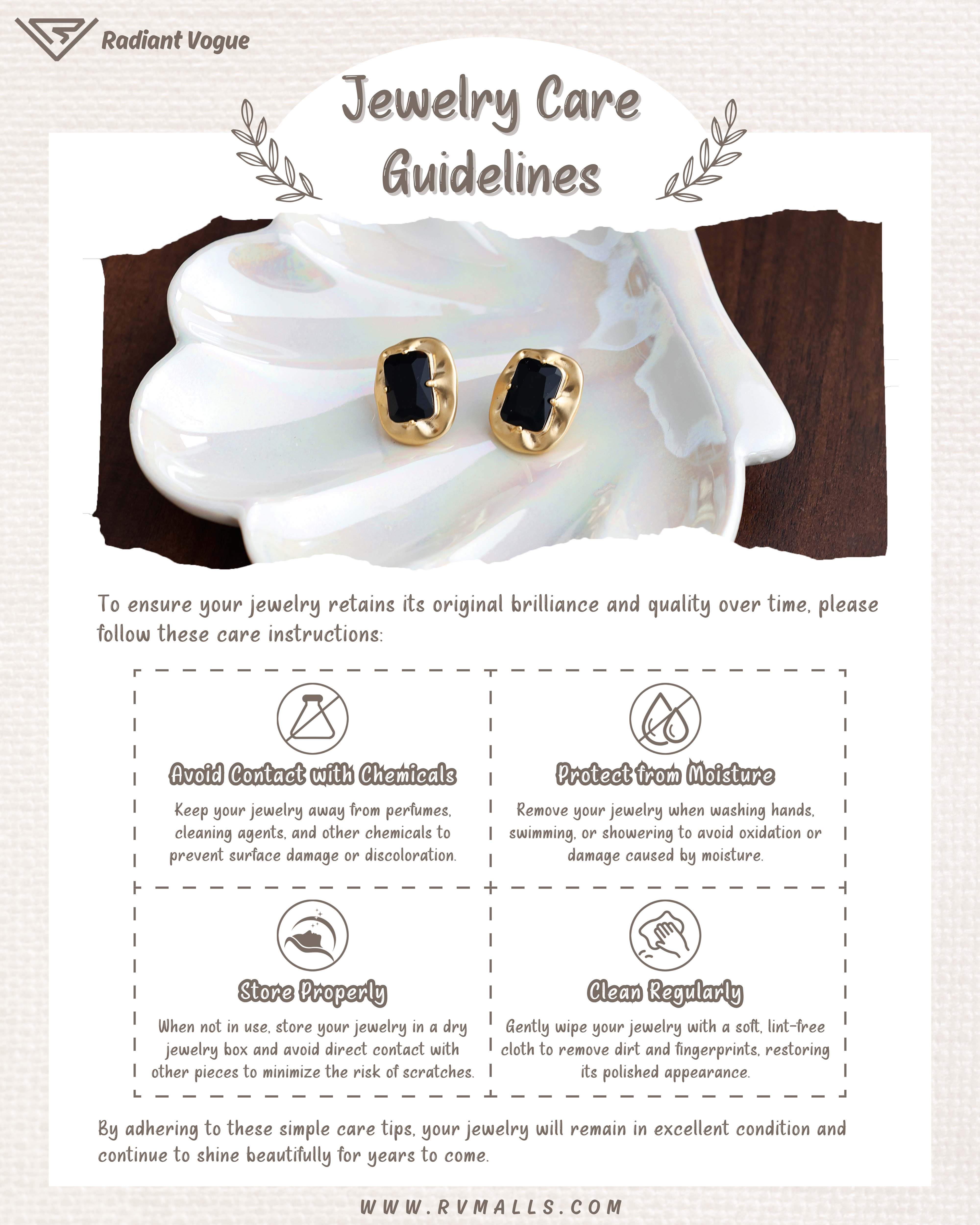 提供黑鋯石耳環保養建議, 包括避免化學物質、遠離水分、定期清潔及正確存放。