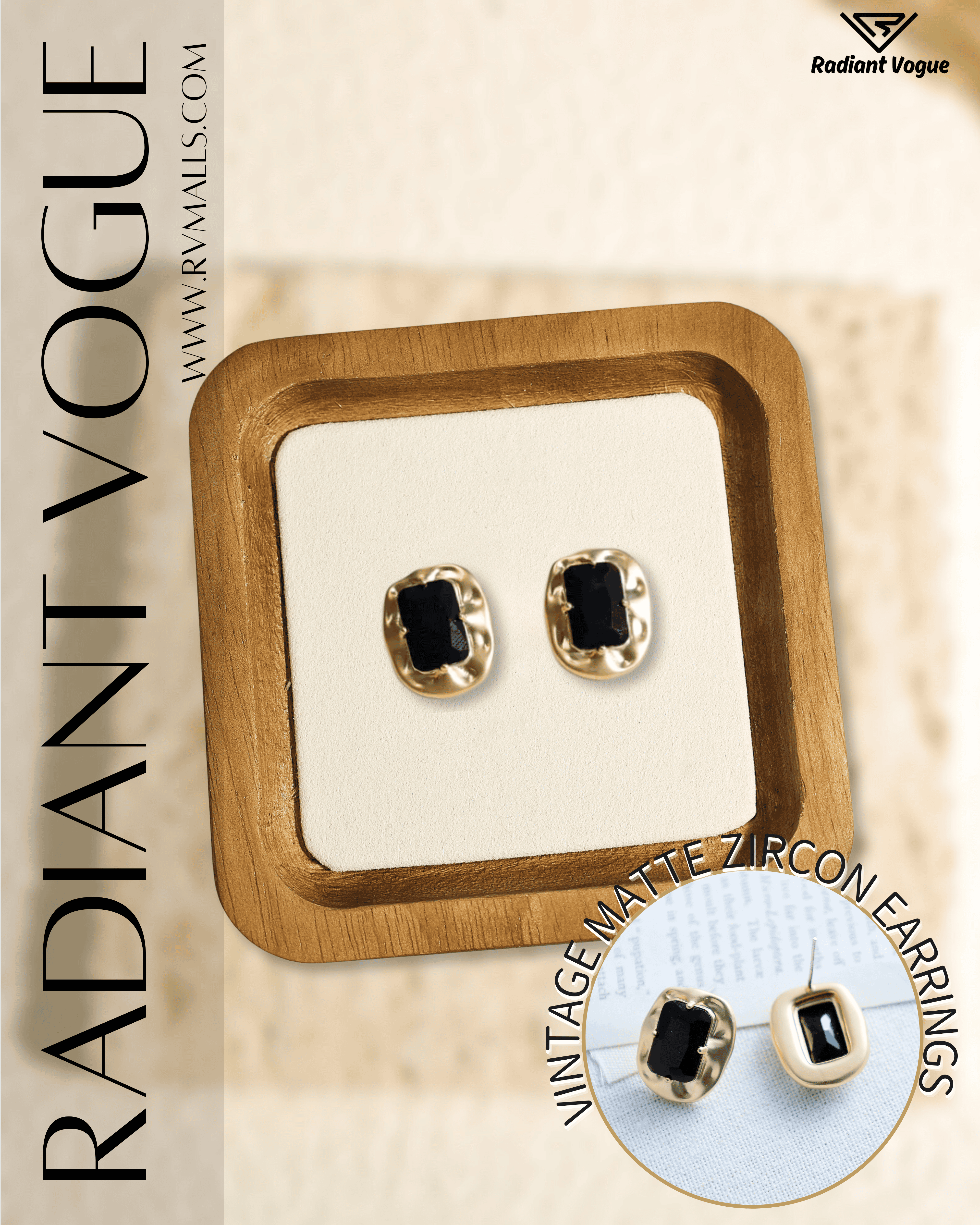 經典復古啞光黑鋯石耳環, 搭配不規則金色框架設計, 展現低調奢華與優雅氣質。