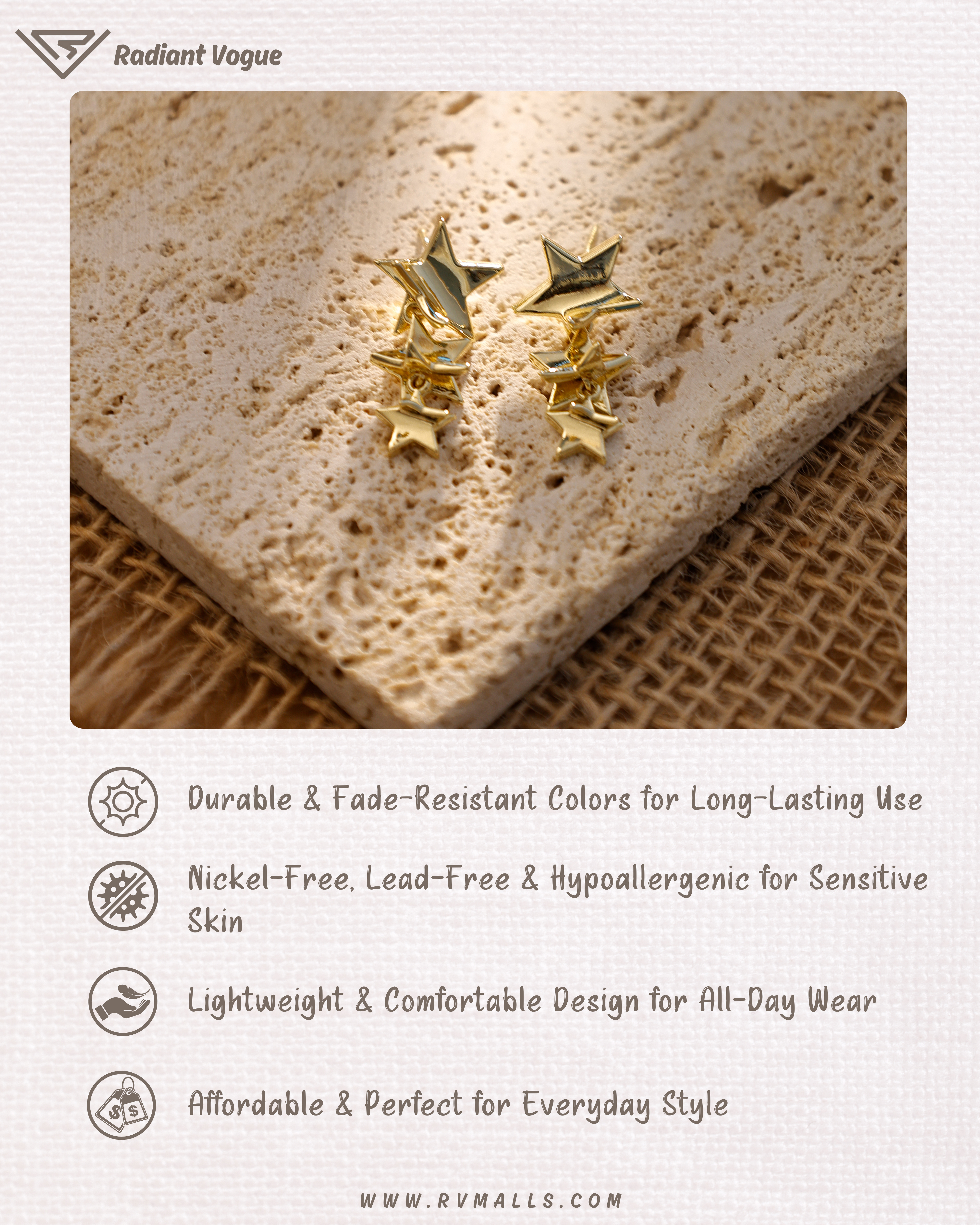 金色星星吊墜耳環, 無鎳抗敏設計, 耐用且不易褪色, 適合長時間佩戴, 完美融入日常與正式場合的時尚風格。