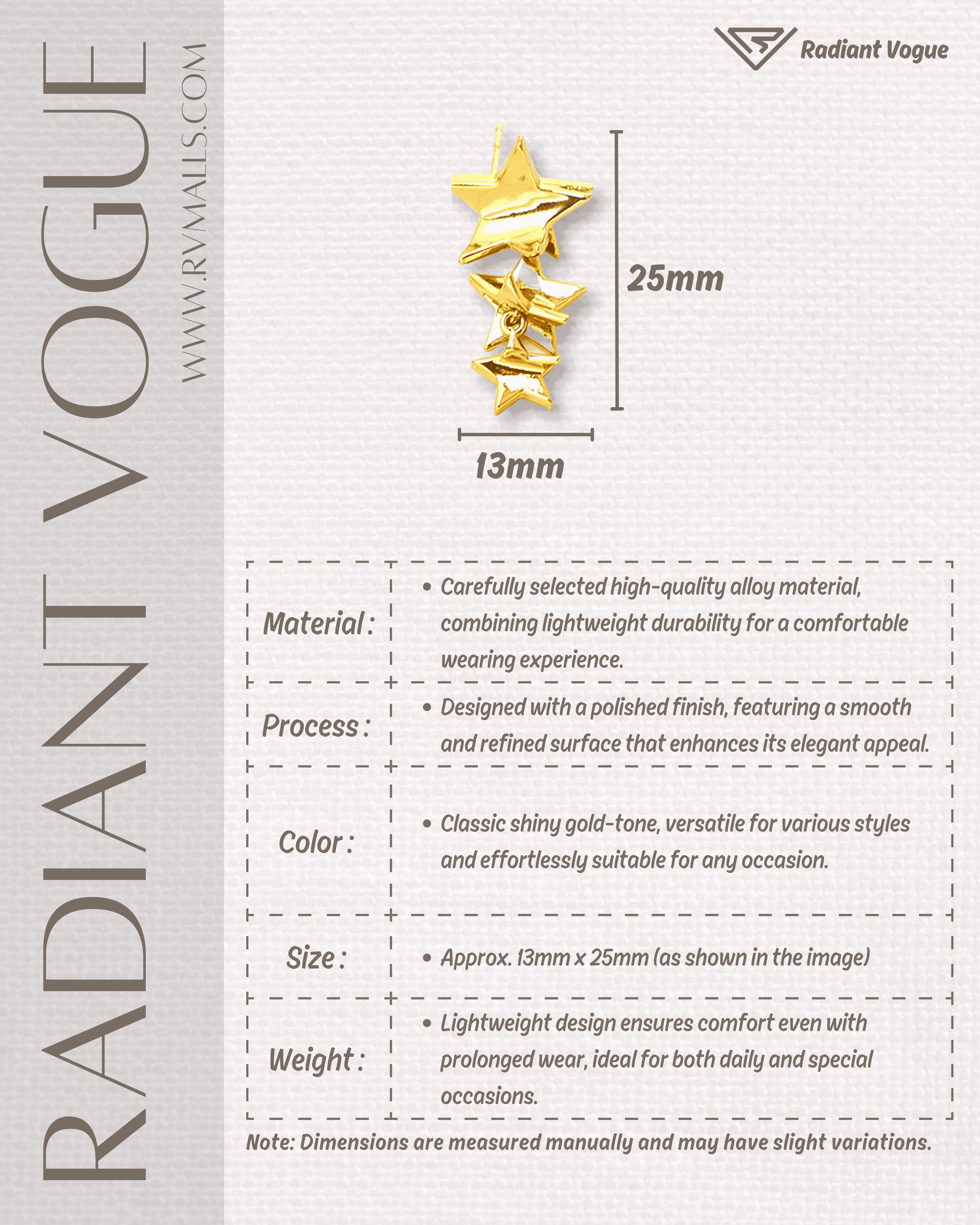 金色星星吊墜耳環產品參數, 採用高品質合金材質, 尺寸約13mm x 25mm, 輕量耐用, 適合日常與特殊場合佩戴。