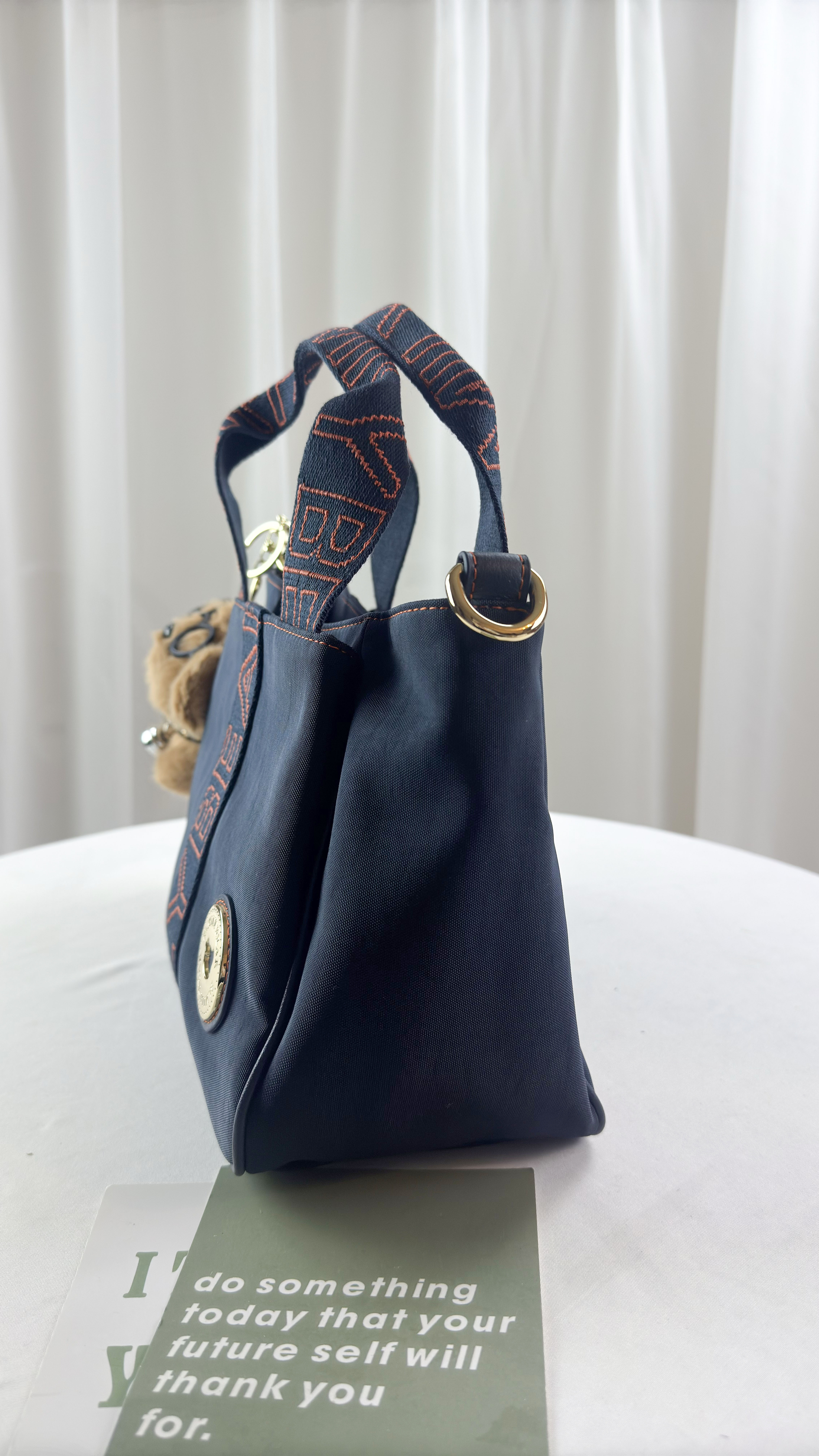 FamilyBear 藍橙織帶防潑水手提包 / 側背包 附兔兔吊飾 #29023