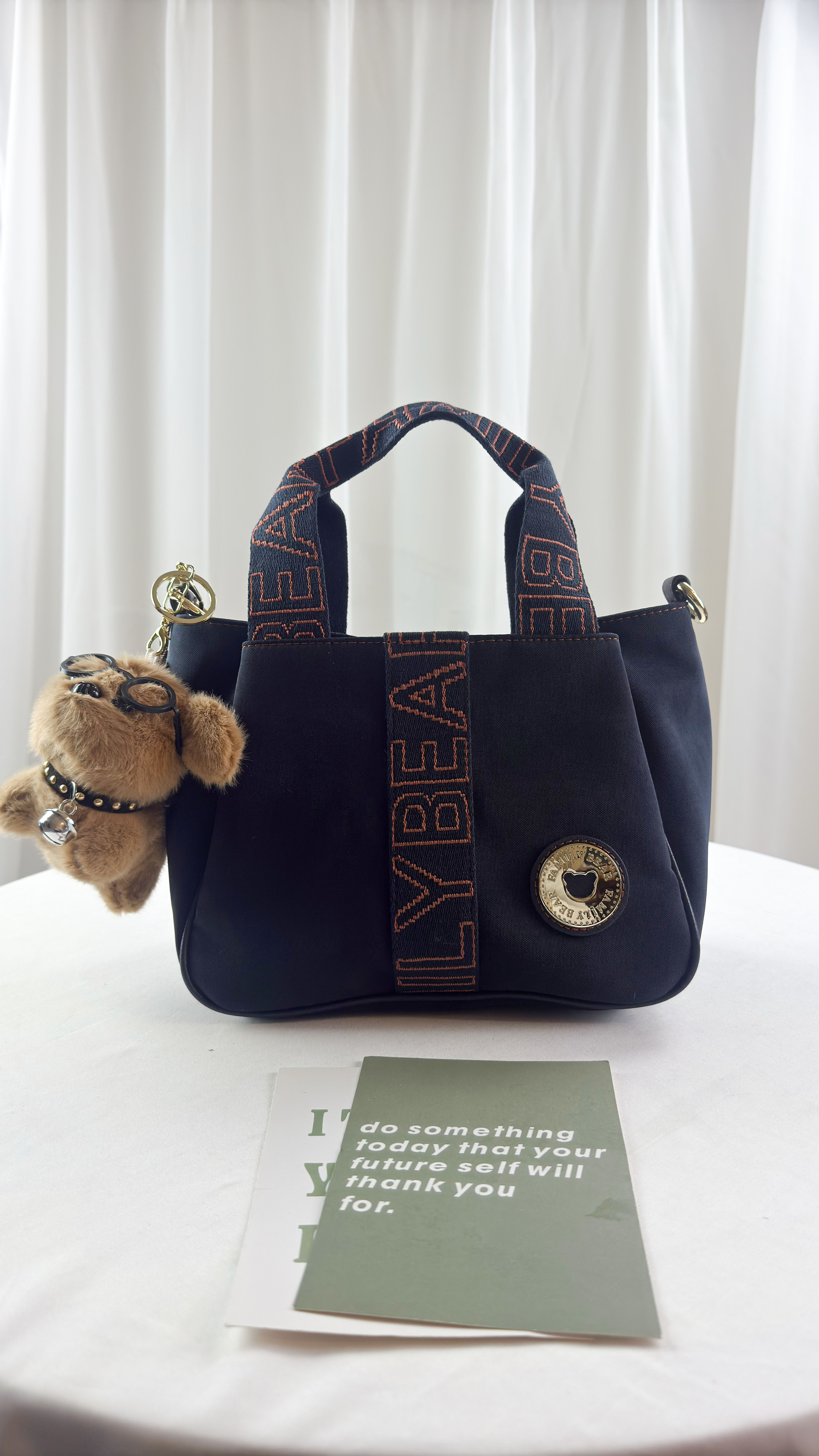 FamilyBear 藍橙織帶防潑水手提包 / 側背包 附兔兔吊飾 #29023