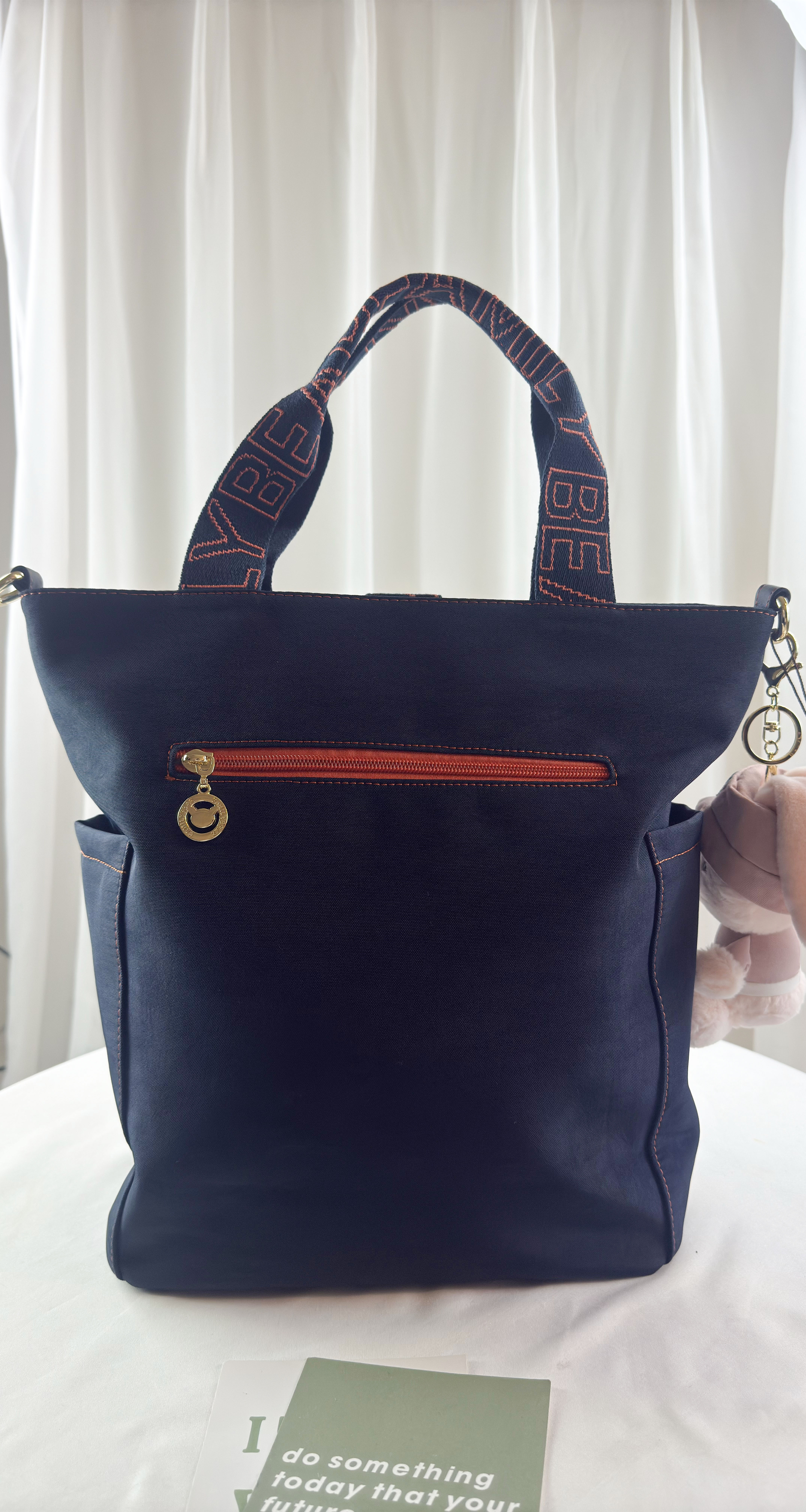 FamilyBear 藍橙織帶防潑水手提托特包 附兔兔吊飾 #2735