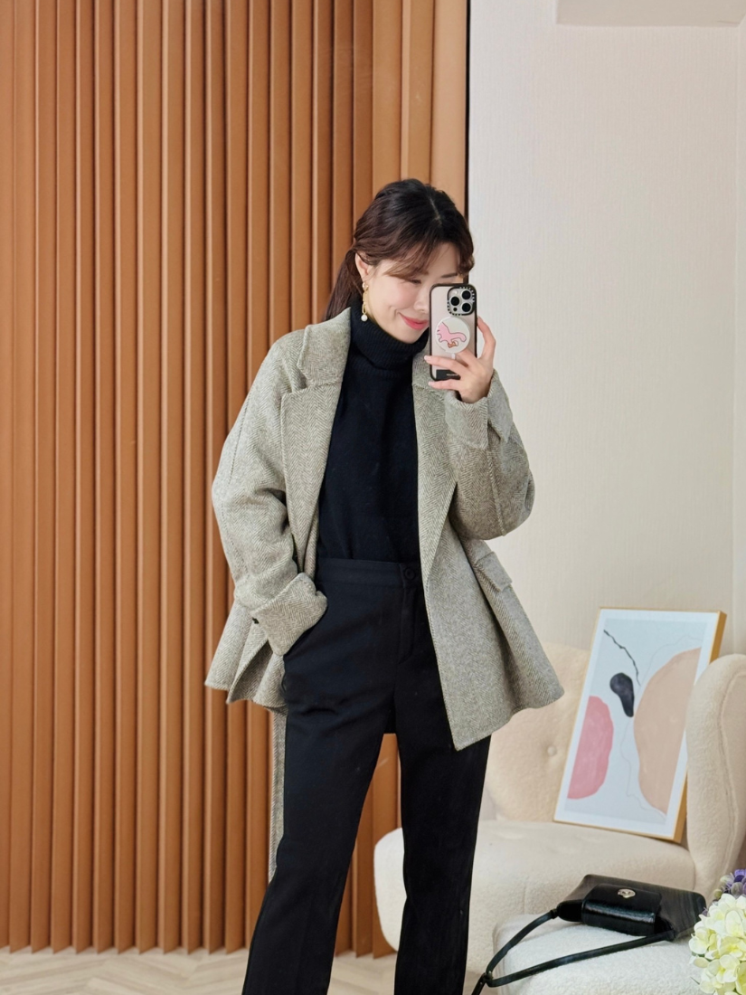 [現貨] Bertha 人字紋綁帶大衣 [ 灰 / Free ]