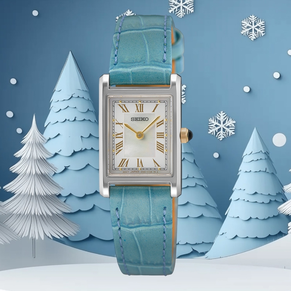 萬年鐘錶 - SEIKO  CS系列  「Vintage Style」 天空藍方形皮革款女錶  SWR101P1  / 4N30-00H0B 錶徑19MM
