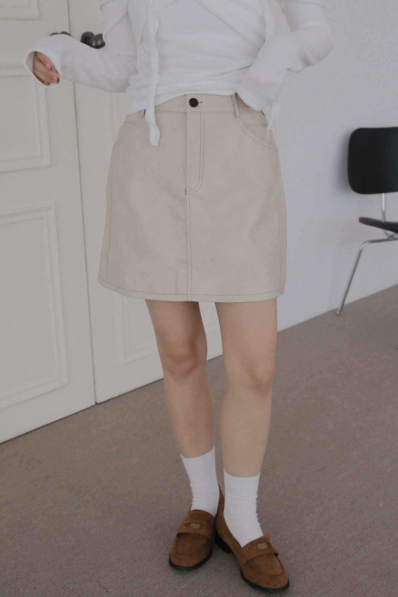 撞色車線皮革短裙