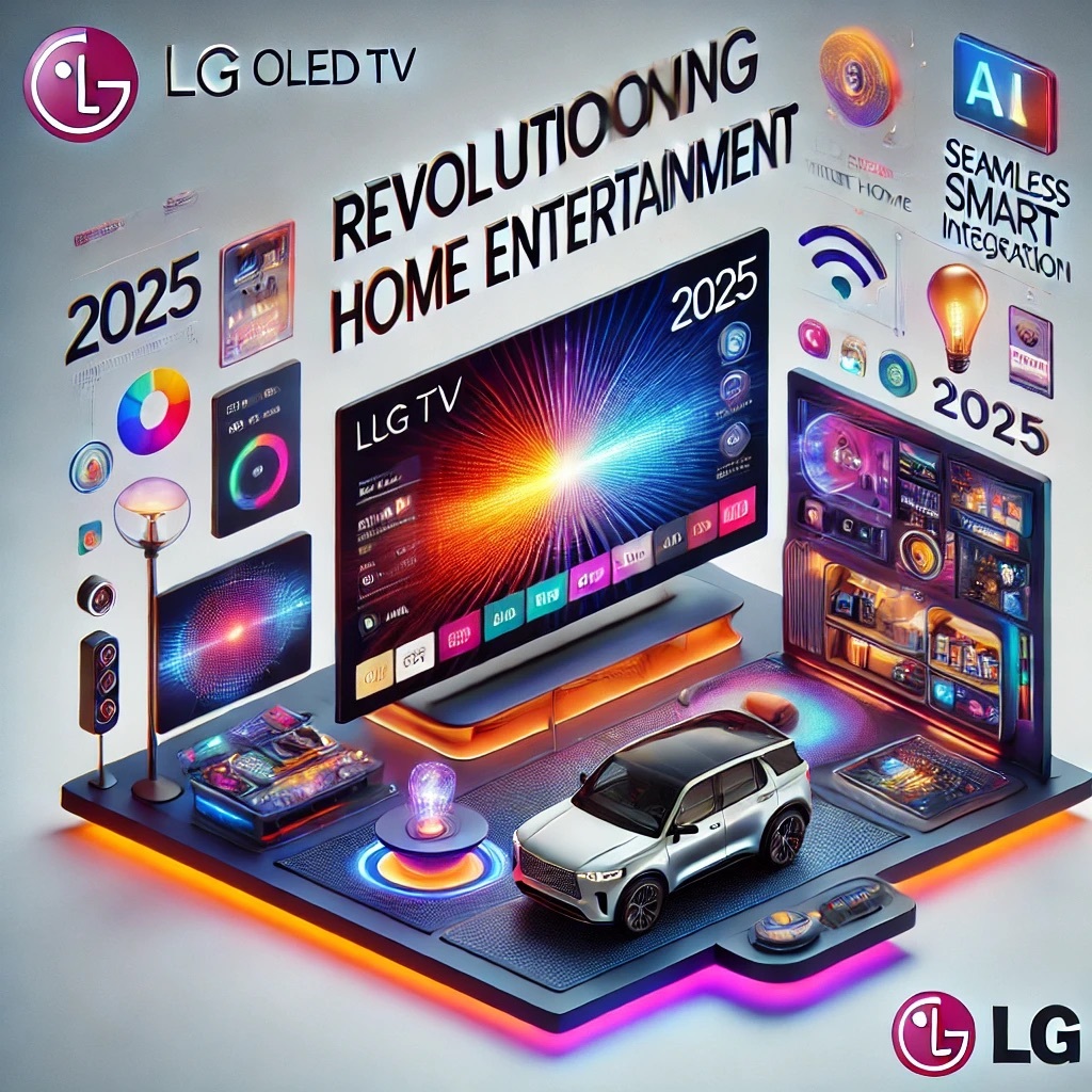 Graphic showcasing LG's 2025 OLED TVs with vivid high-brightness visuals, integrated into a futuristic smart home setup with ambient lighting and AI-driven controls. Includes a modular car interior in the background, representing mobility innovation.