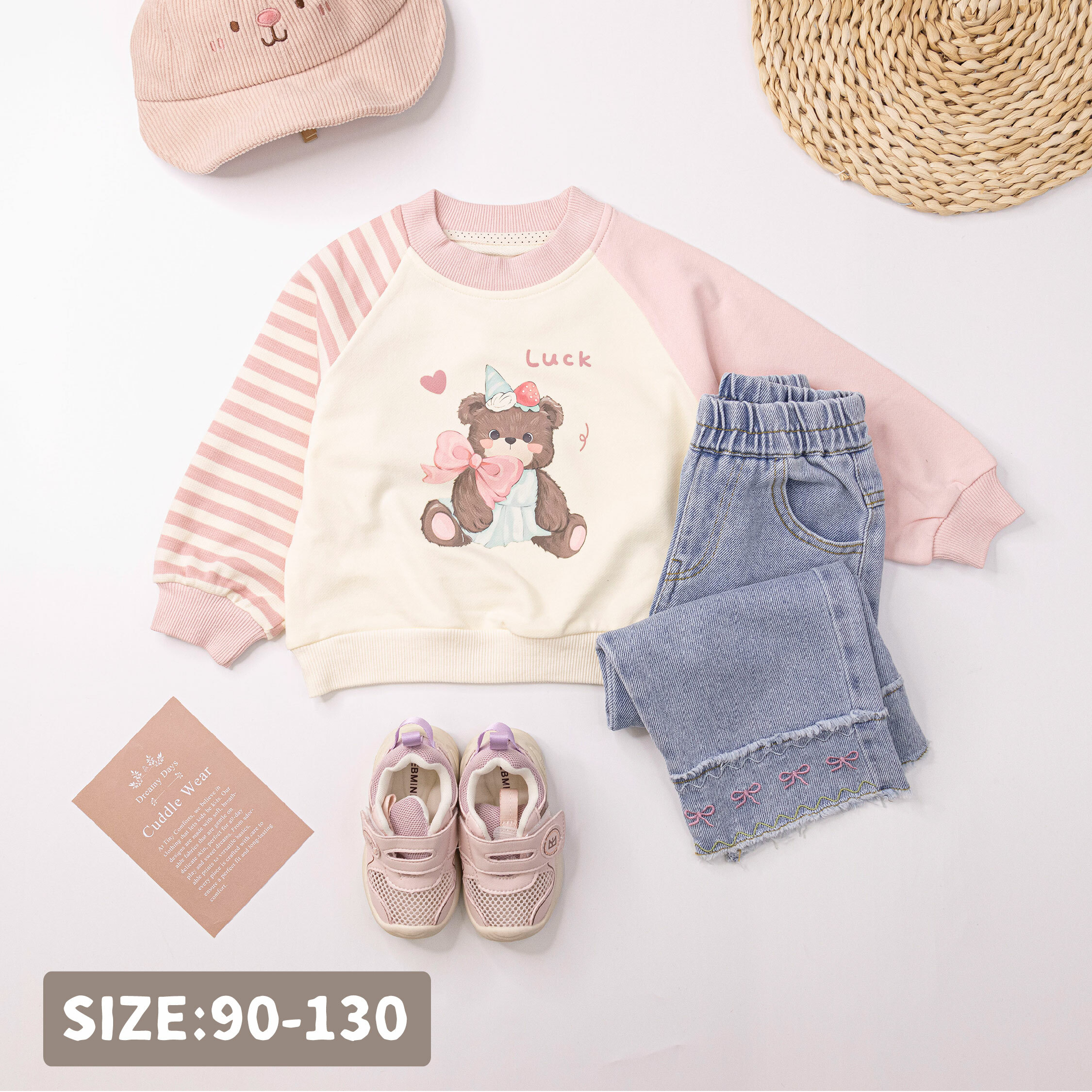 【H55052】可愛禮物小熊撞袖拼接上衣