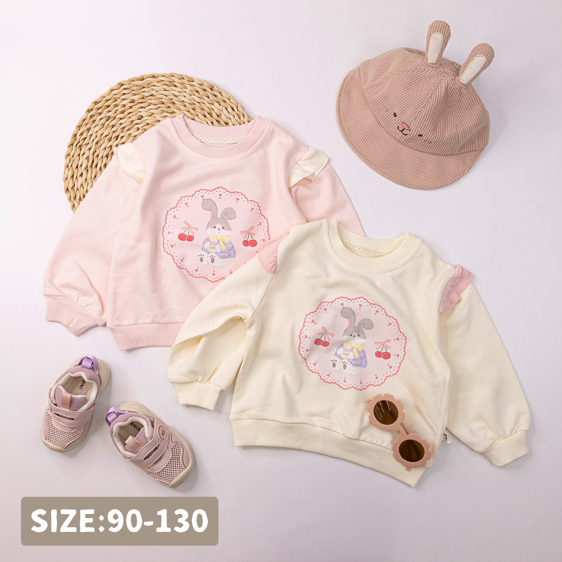 【H55055】童趣手繪櫻桃兔寶寶上衣＊二色