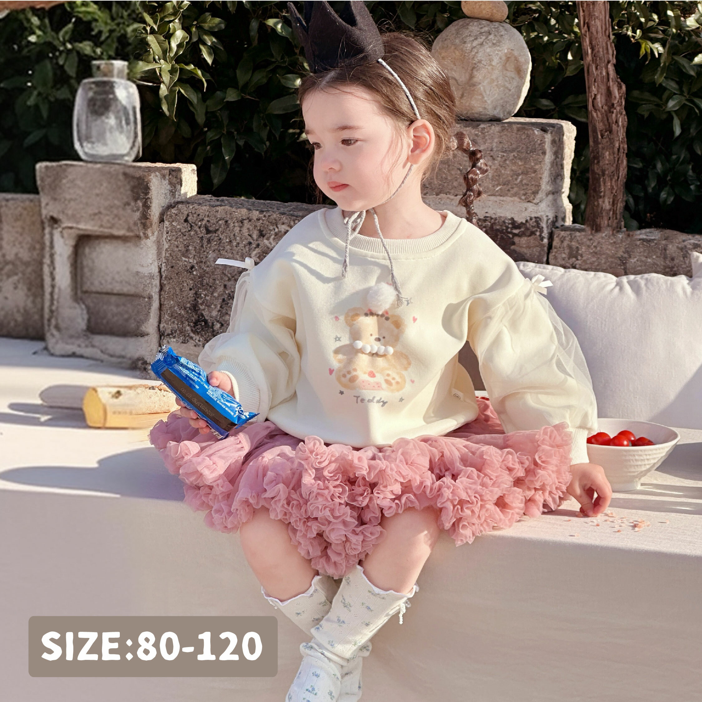 【H55195】草莓蛋糕熊網紗拼接上衣＊二色