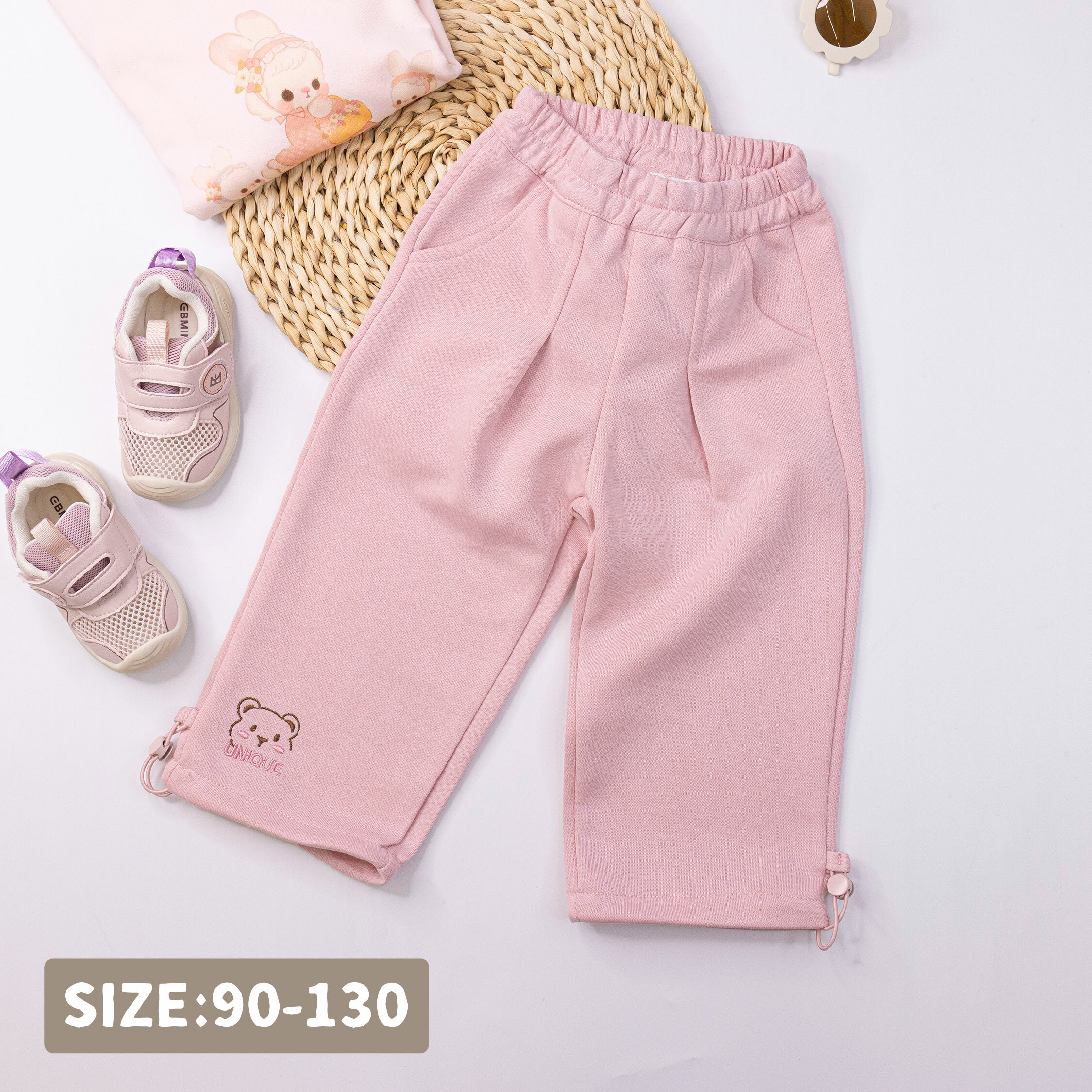 【H55061】可愛腮紅熊熊可調節設計縮口褲