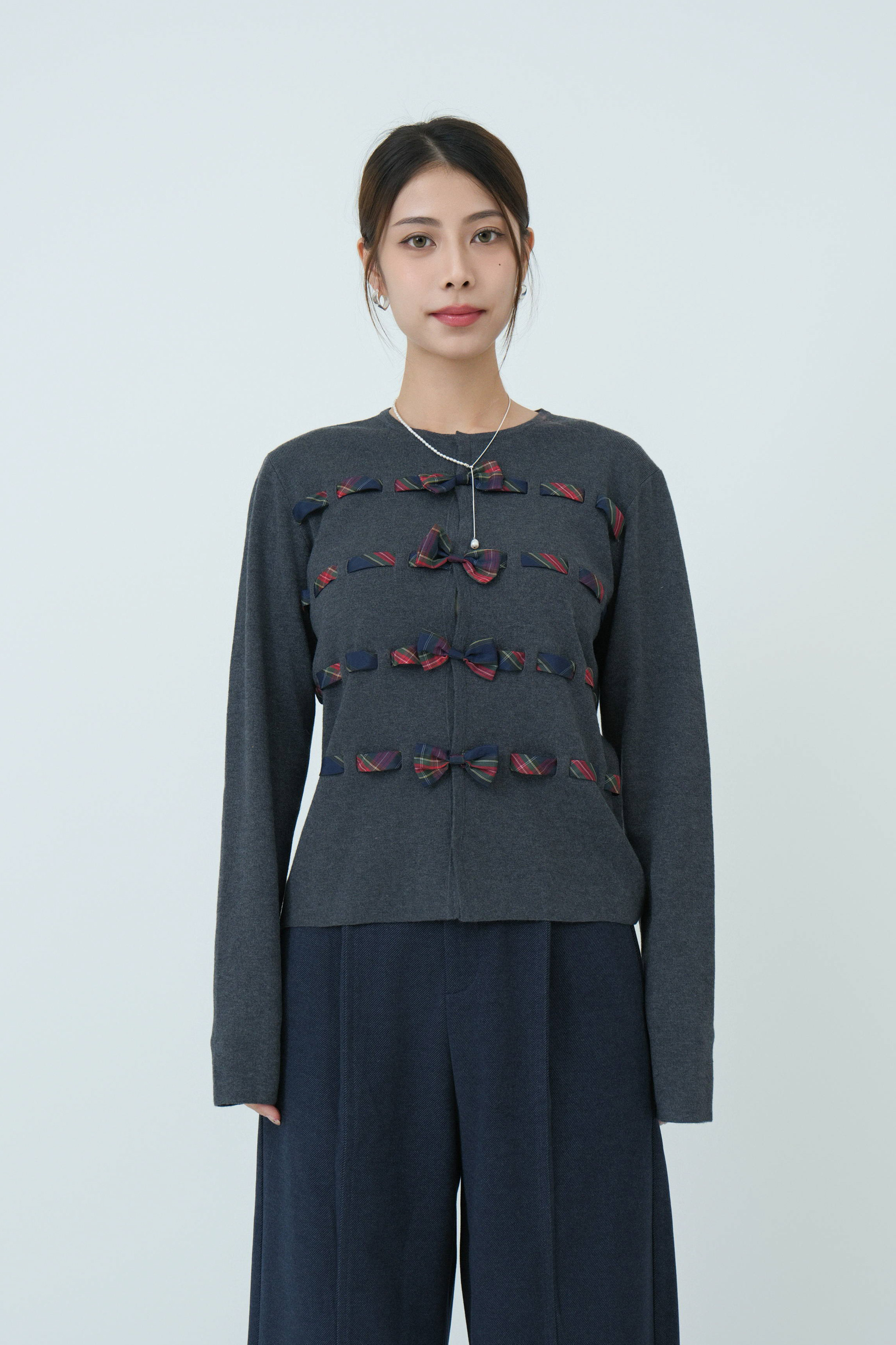格仔蝴蝶結帶cardigan (現貨款式）