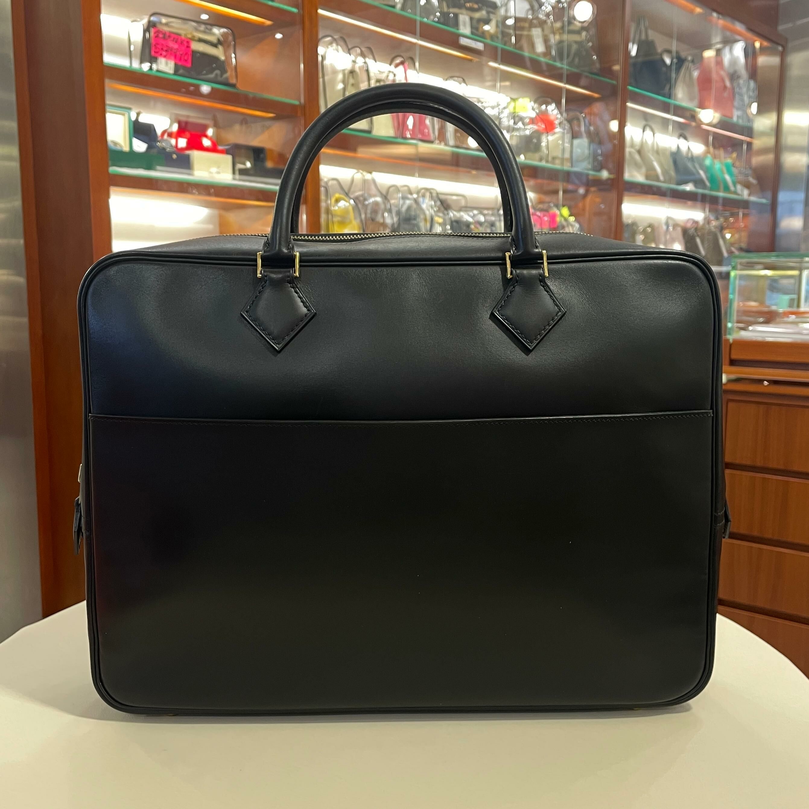 95%NEW二手HERMES公事包 黑色BOX皮 PLUME 12H BRIEFCASE #香榭站正品