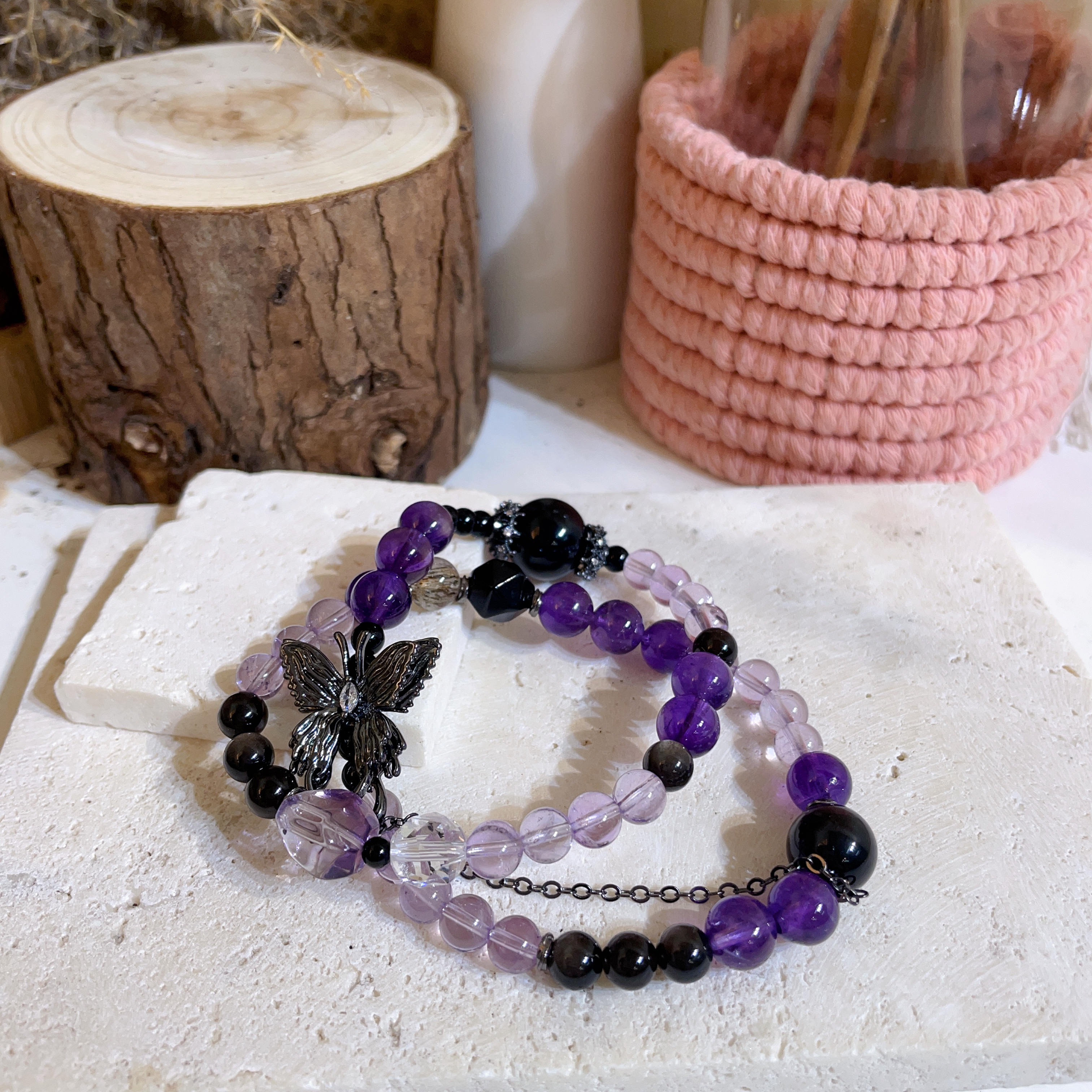 紫水晶雙色拼銀曜石蝴蝶設計雙圈 7+mm