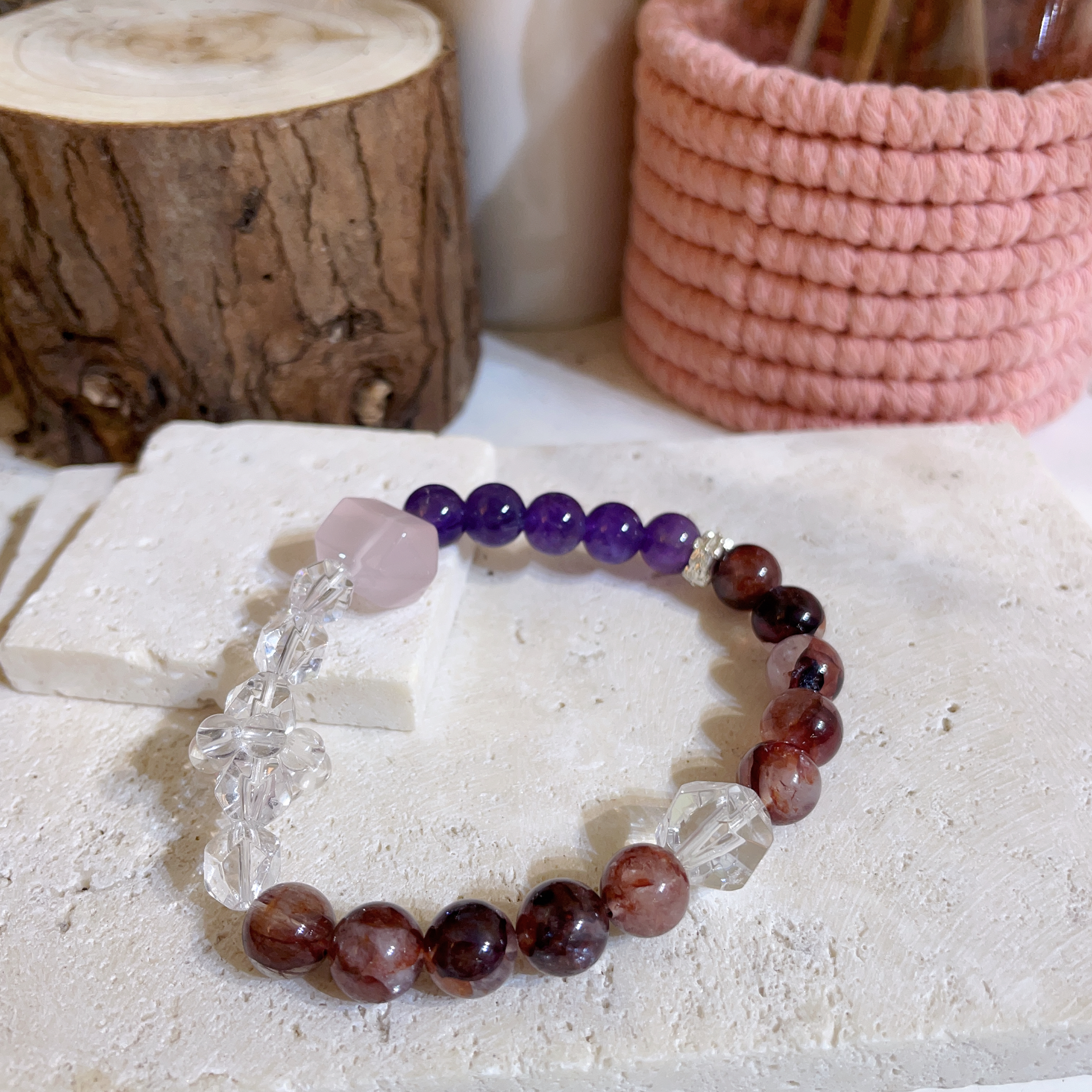 紅膠花拼紫水晶拼白水晶鑽切設計手串 8+mm