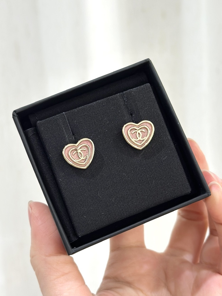 CHANEL CC Logo Heart-shaped Earrings ABD346 粉紅心心耳環