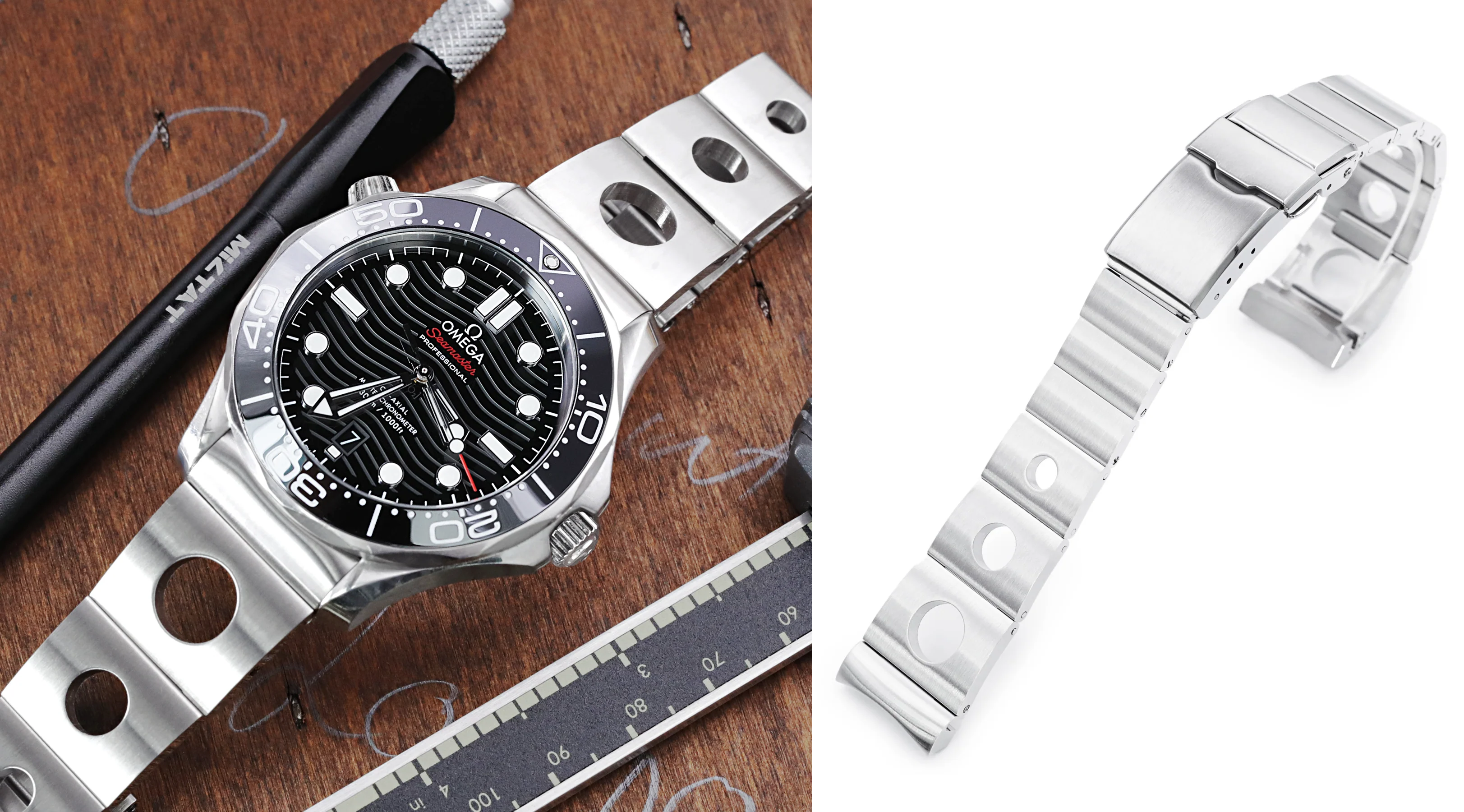 萬年鐘錶 - 太空人錶帶 -   錶徑42mm 新版歐米茄OMEGA大海馬 300米專用 代用錶帶  圓環錶帶實心不鏽鋼錶帶  SS201623B147  錶帶寬度 : 20MM