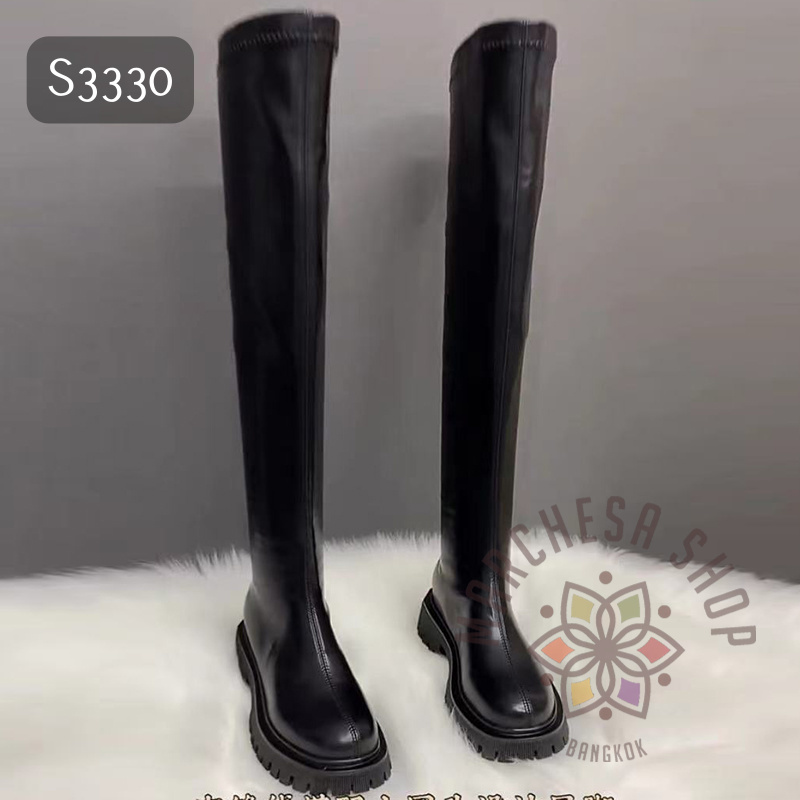 S3330 - 牛皮後拉鏈金扣V口圓頭過膝長靴