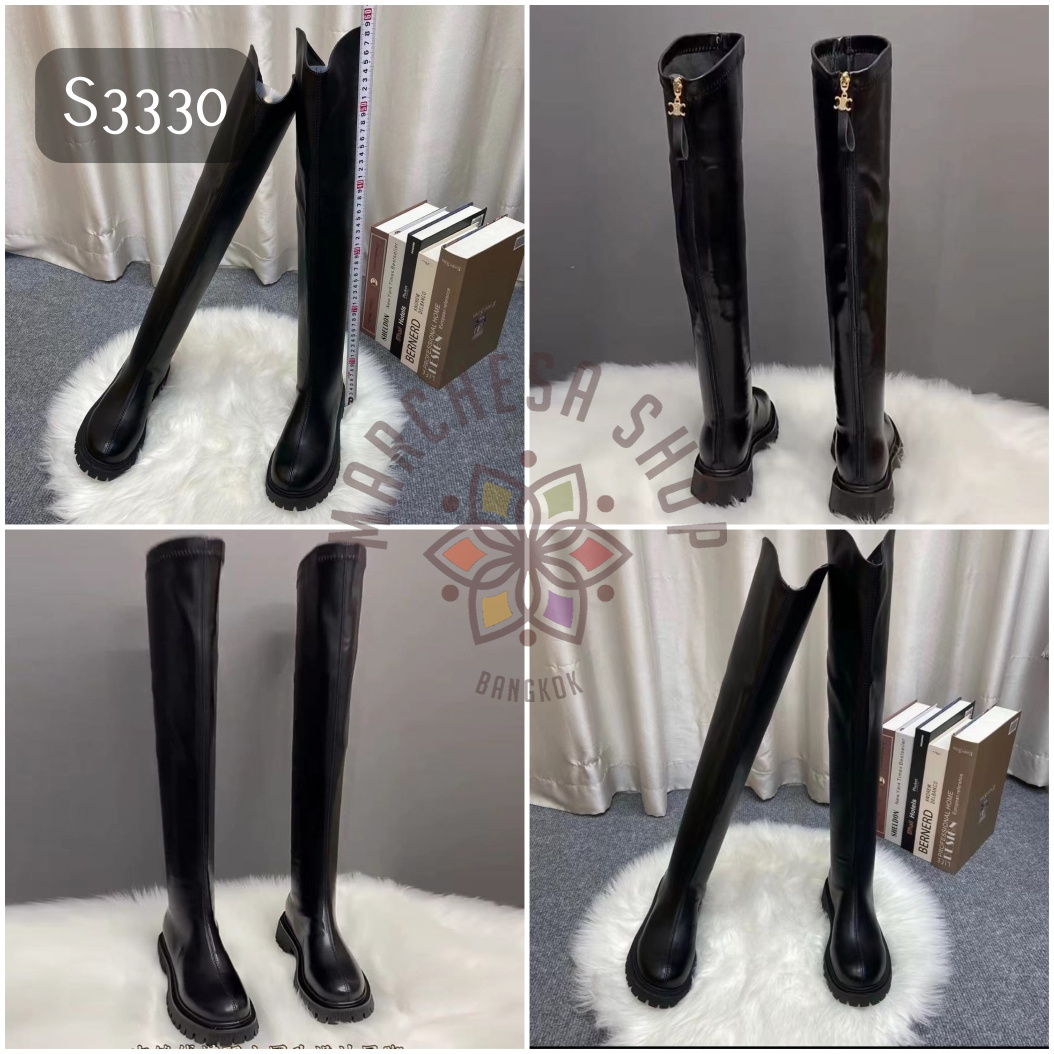 S3330 - 牛皮後拉鏈金扣V口圓頭過膝長靴