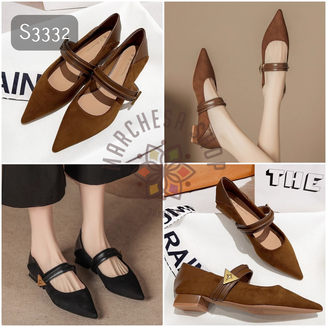 S3332- 羊猄拼皮金屬特色扣一字帶尖頭平底鞋