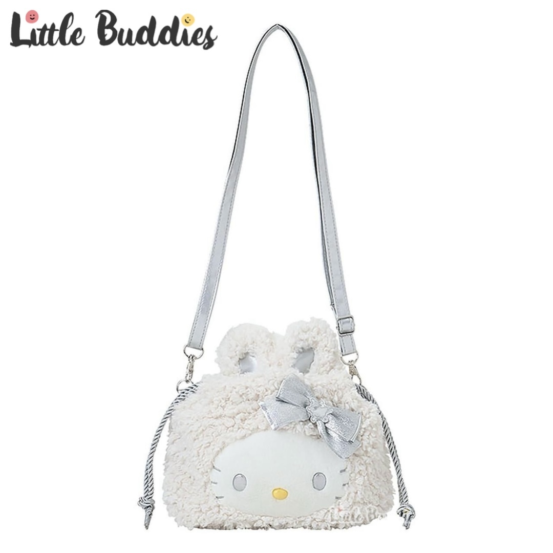 日本 Sanrio 銀白雪兔系列 - 毛毛頭形2用斜揹束繩袋