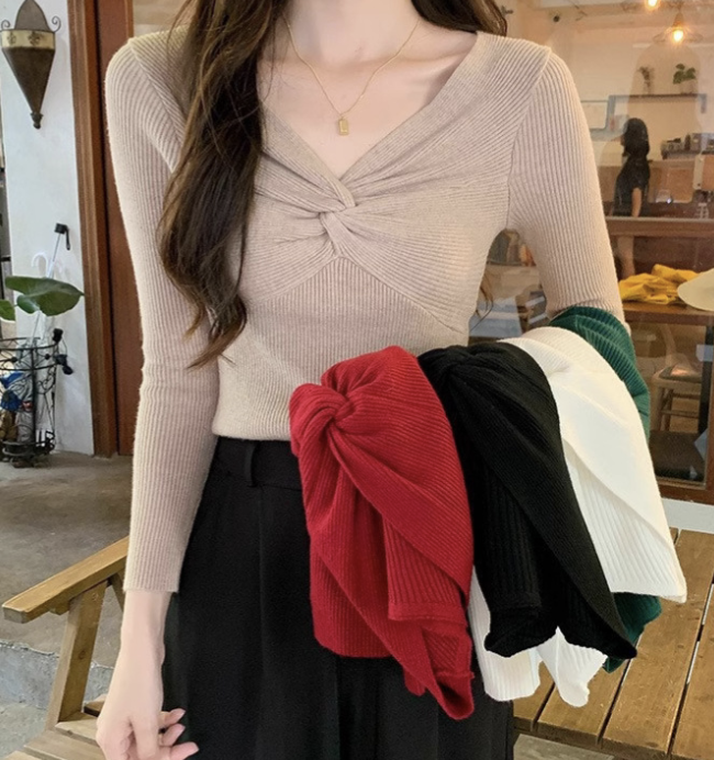LYS- <現貨>V領扭結長袖針織（ 兩色）