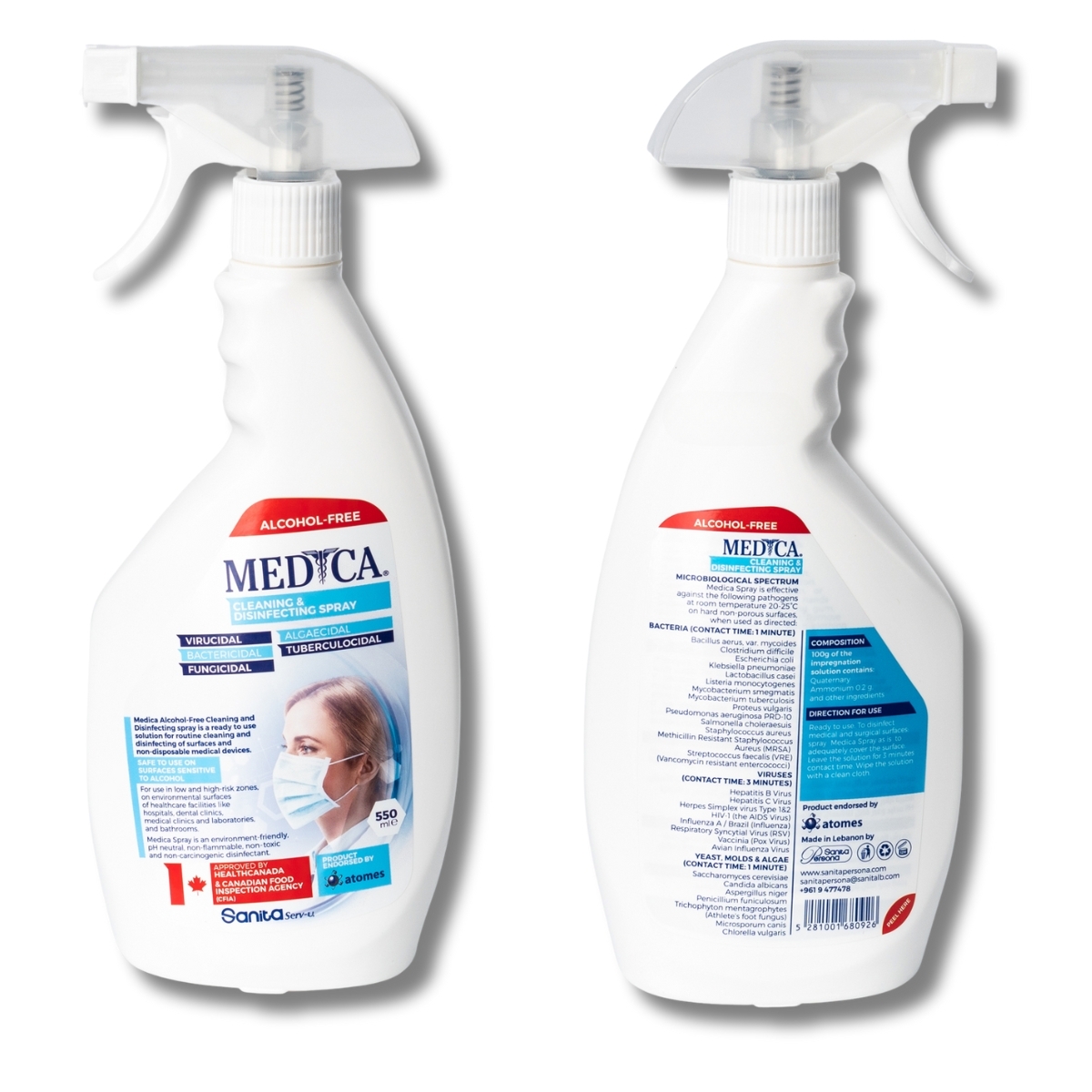 [優惠孖裝]  加拿大醫學認證 Medica 消毒噴霧550ML + 消毒濕紙巾桶裝, 附送Spartan Flash 消毒潔廁劑1支