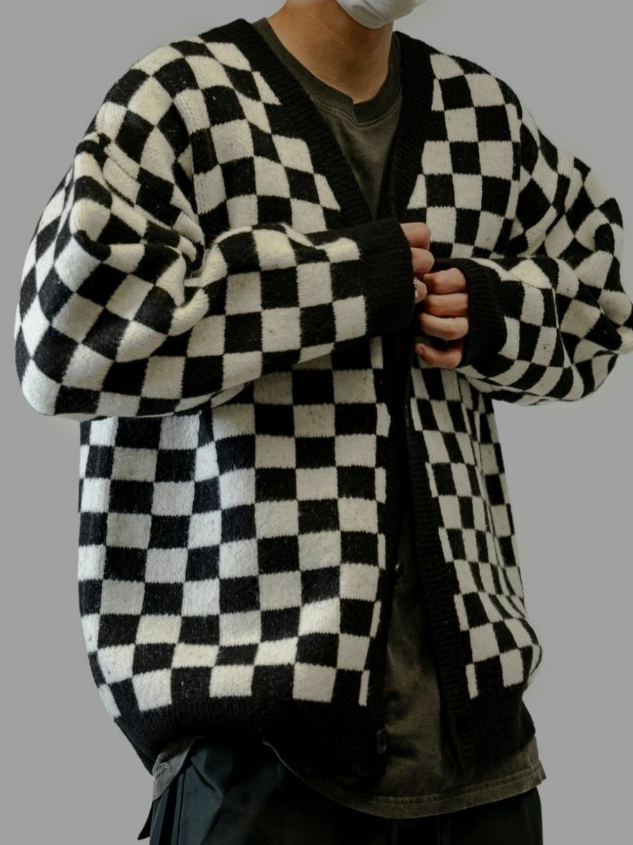 格仔開胸針織外套 JK2598
