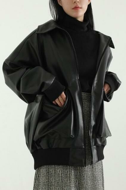 反領拉鍊合成皮褸 JK2604