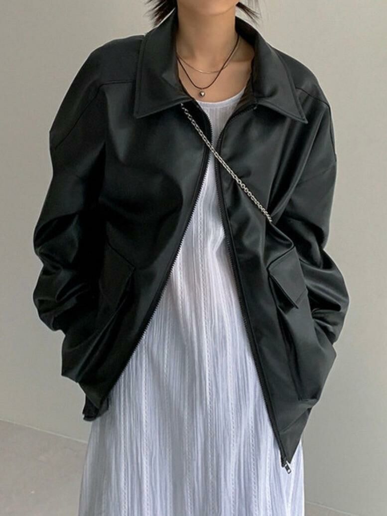 反領拉鍊合成皮褸 JK2604