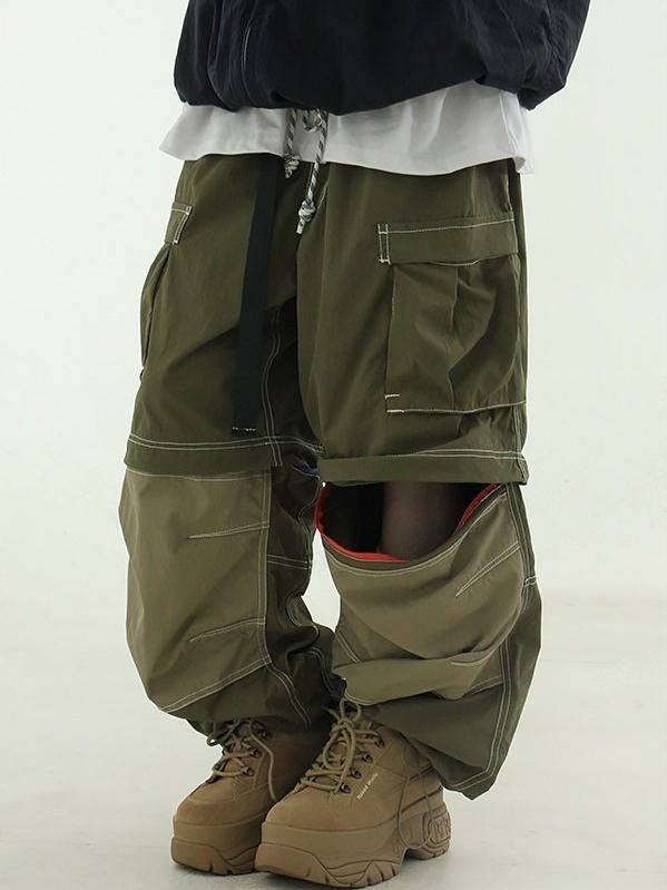 拼色工裝可束腳鬆身褲(可拆短褲) P3033