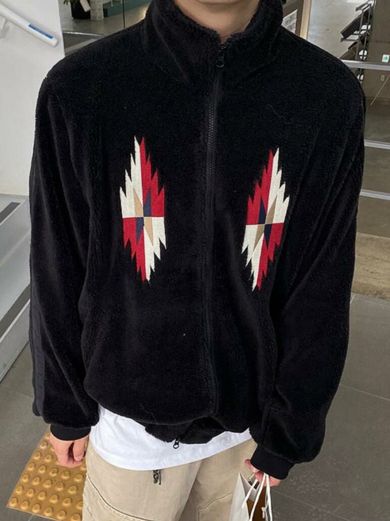 企領圖案拉鍊毛毛褸 JK2609