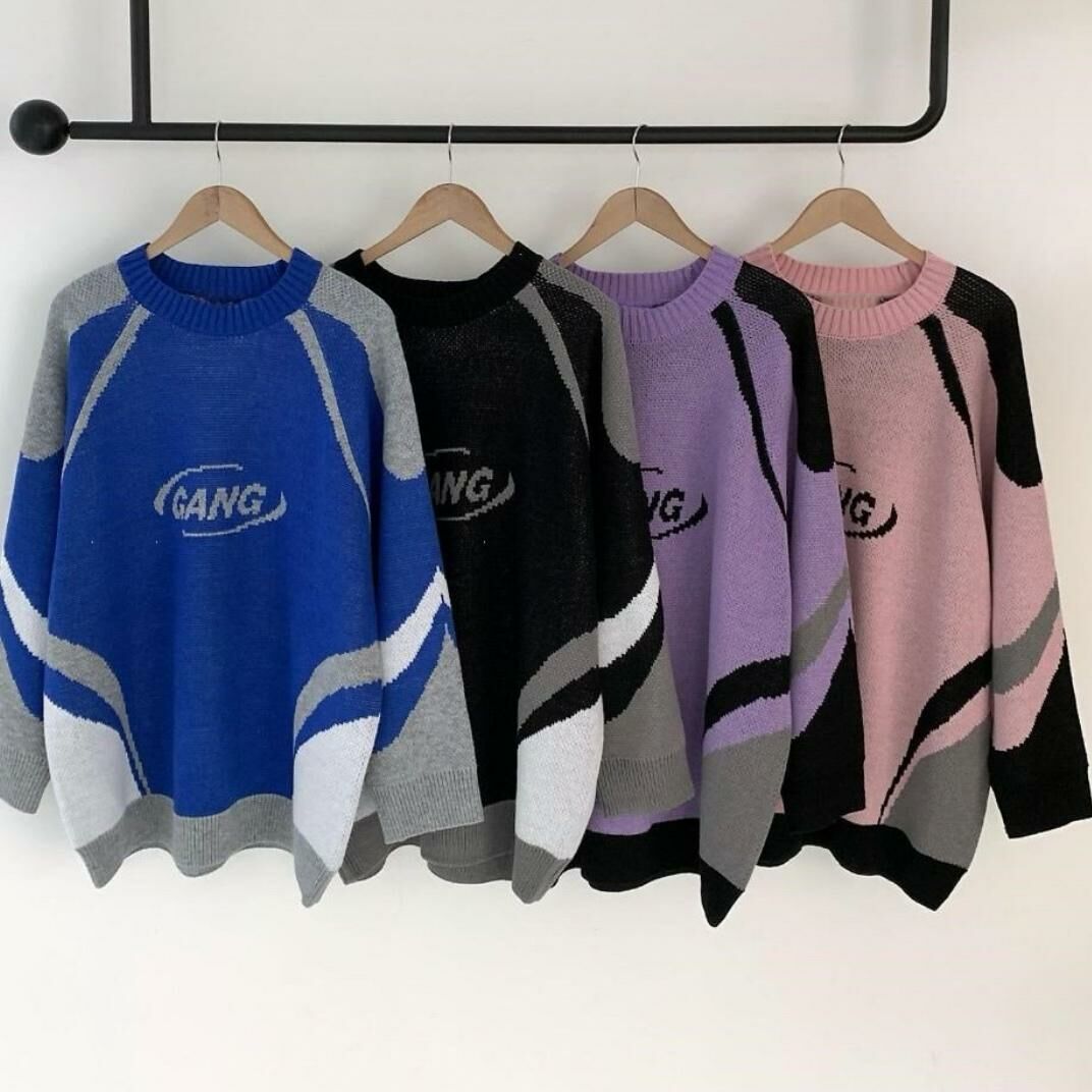 圓領拼色英文字針織衫 T5640