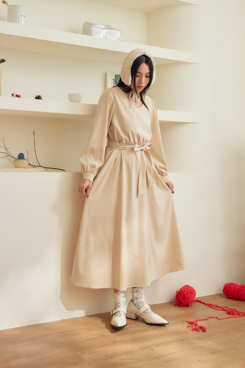 V領鬆緊腰雪紡洋裝(附綁帶)